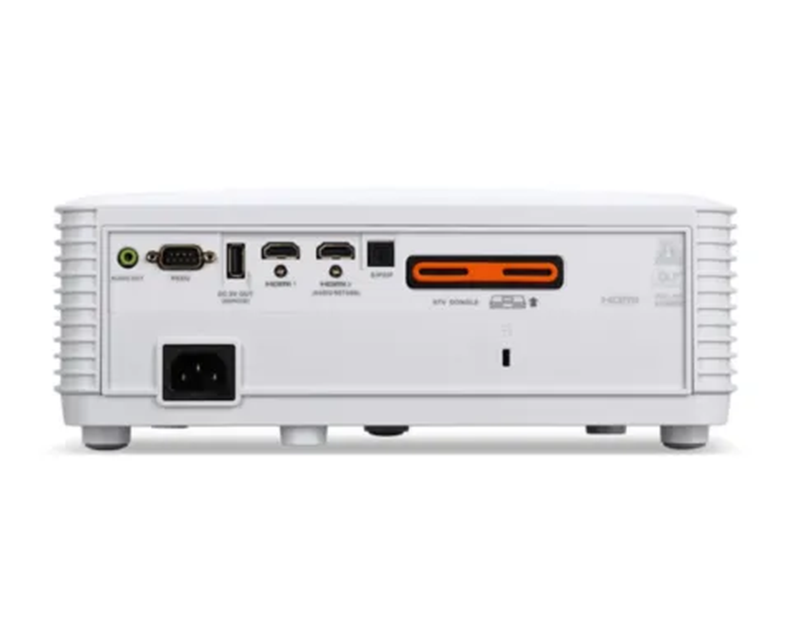 Tył białego projektora z portami i wejściami. Czarne wejście zasilania.