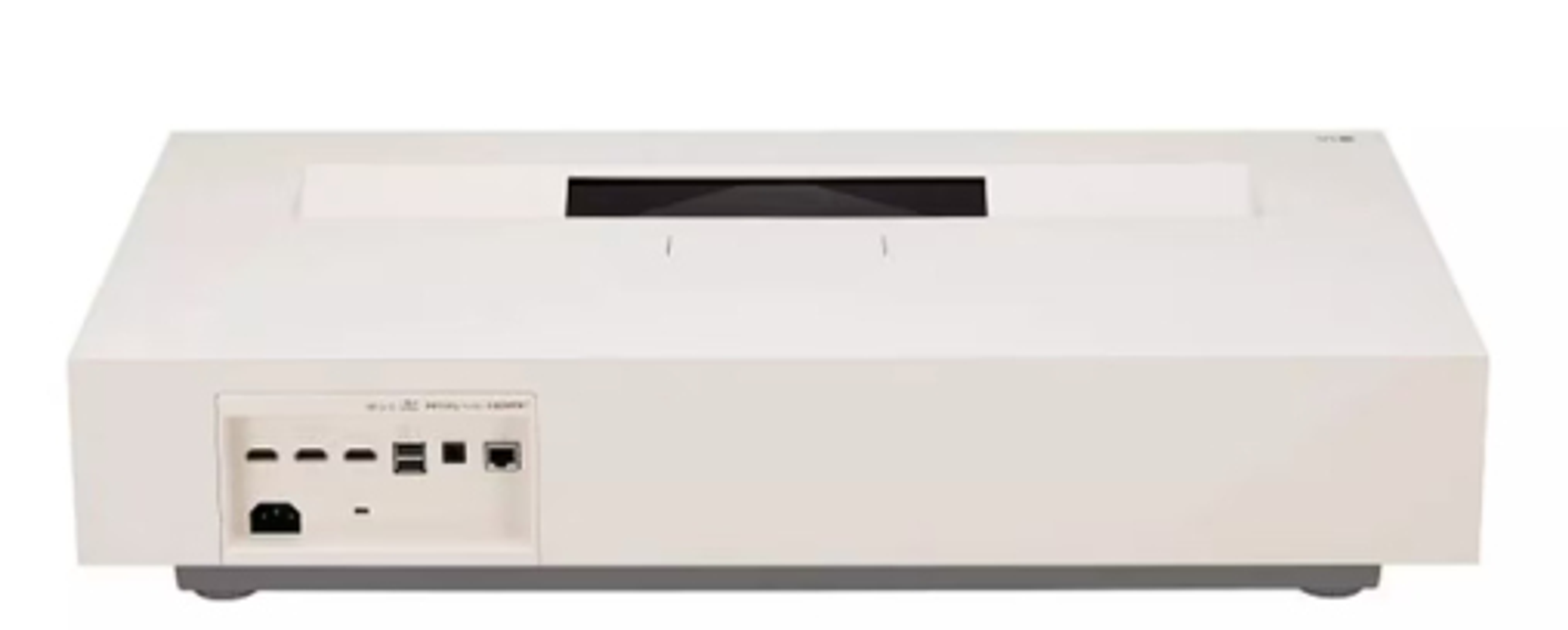Biały projektor z portami z tyłu, widok z tyłu. Białe tło.