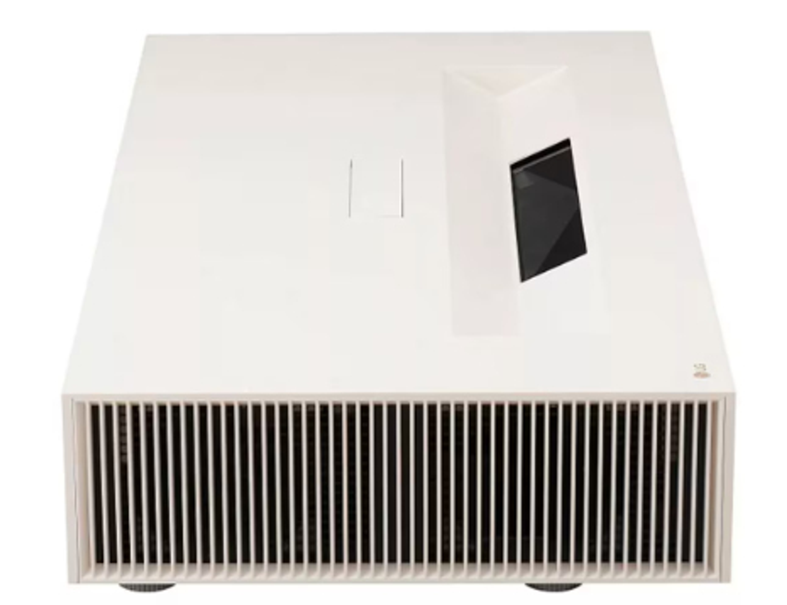 Biały projektor, widok z góry. Posiada przednią część w kształcie kratki, czarny otwór wentylacyjny i małe czarne okno.