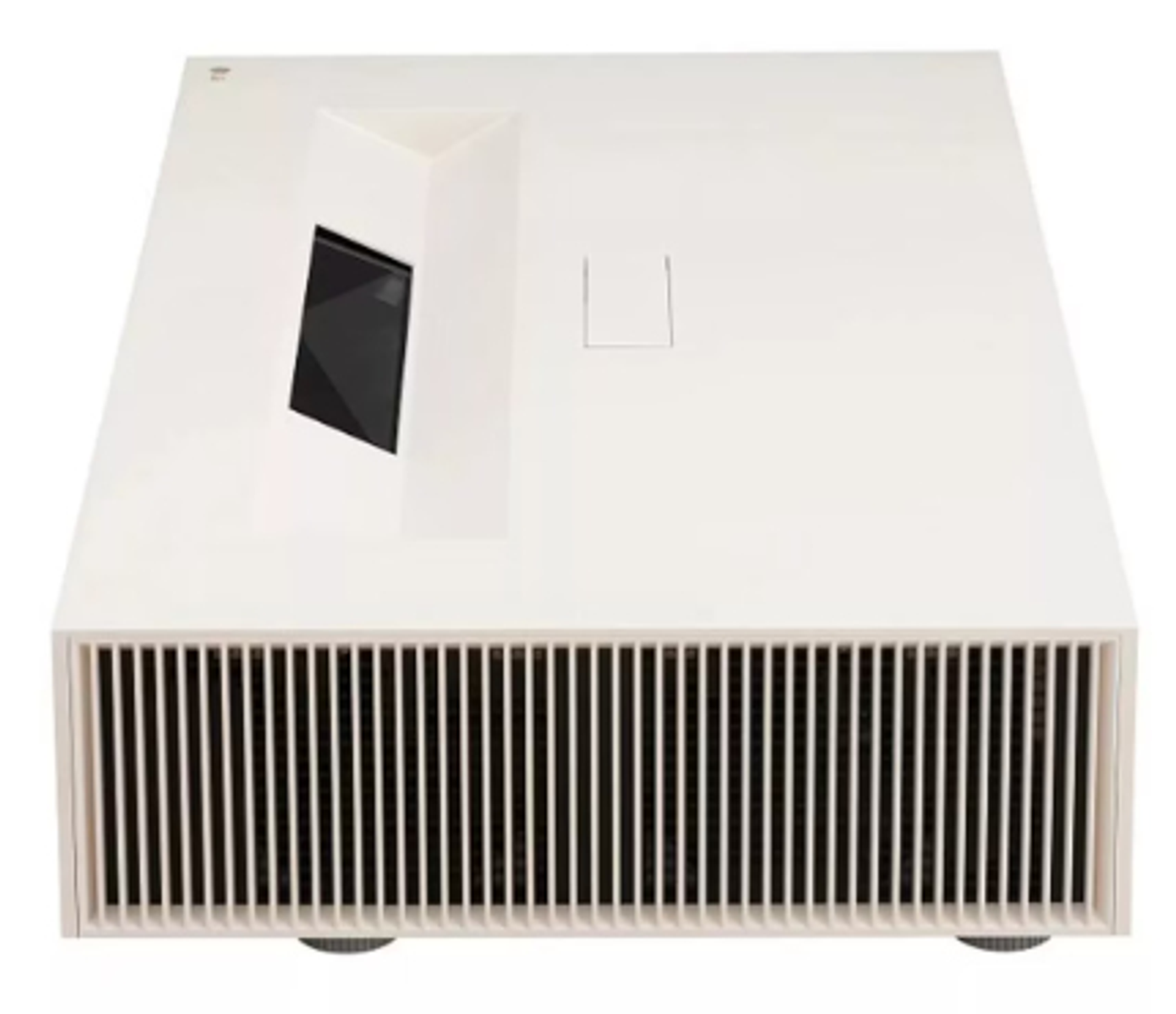 Biały projektor z góry, pokazujący otwory wentylacyjne i zagłębiony obszar.