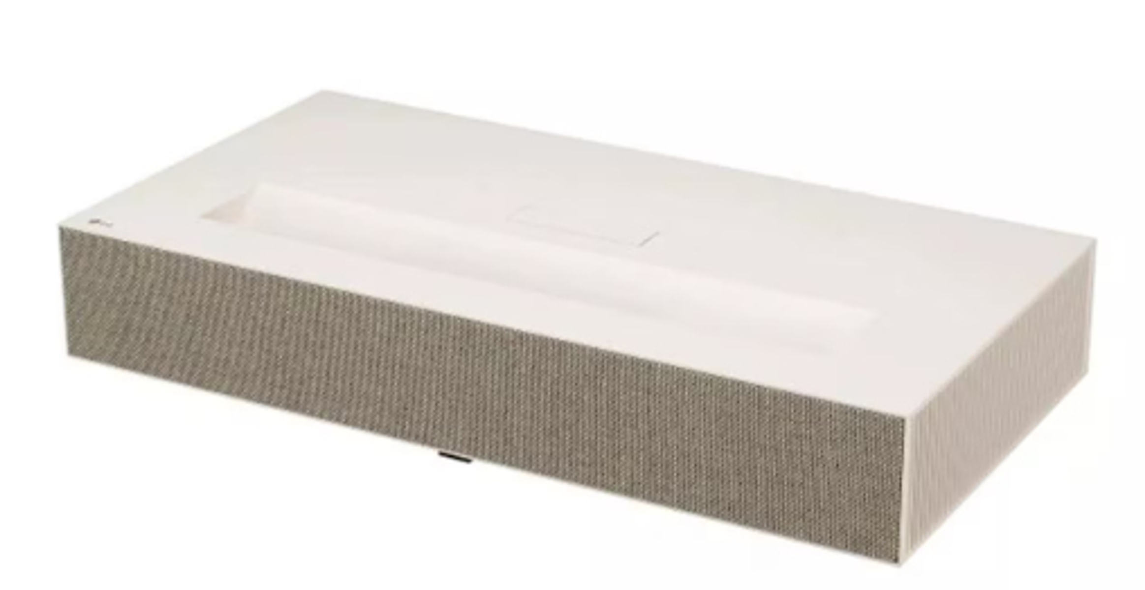 Biały prostokątny projektor z szarą tkaniną, pod kątem i logo LG.