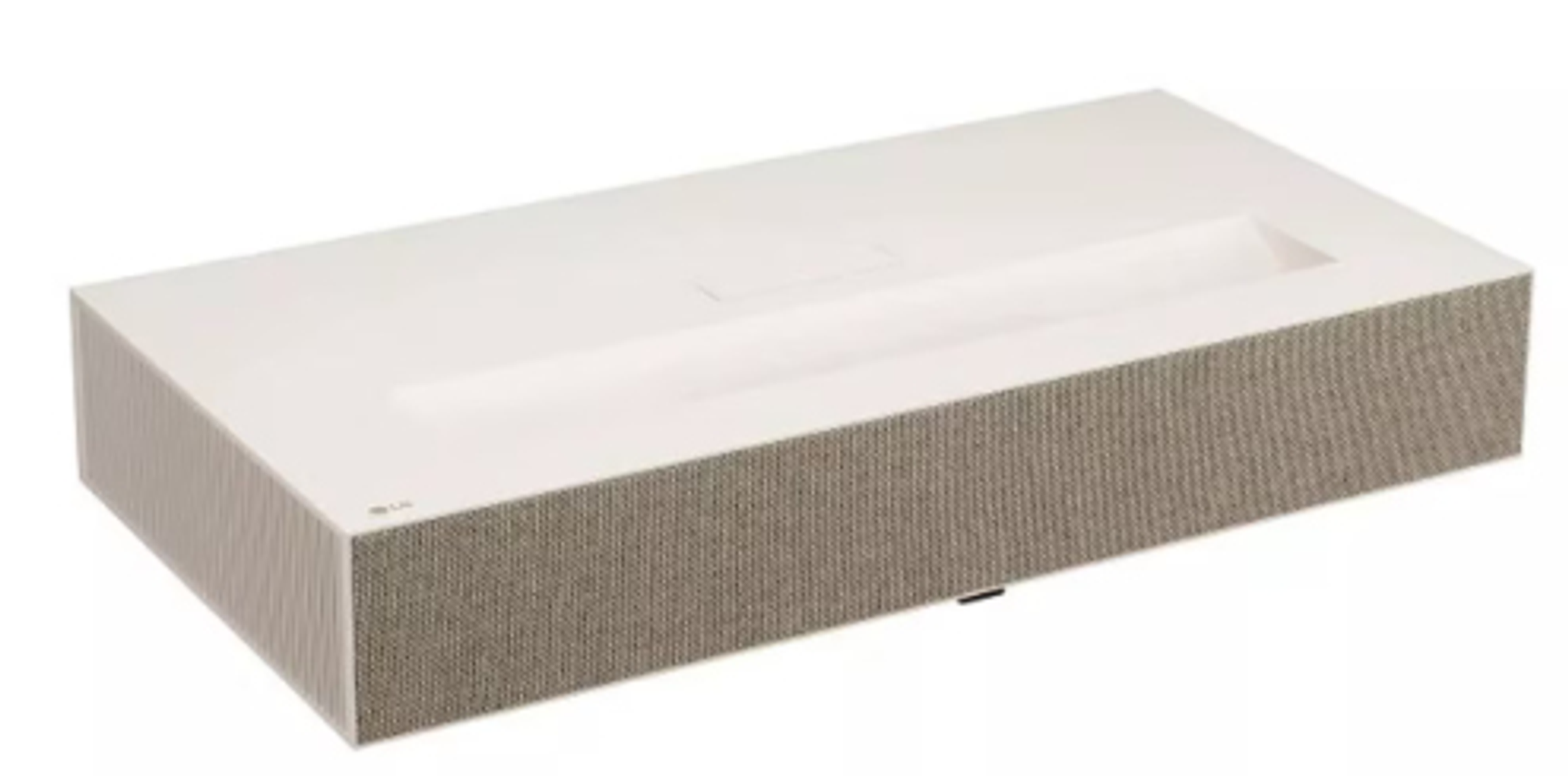 Biały prostokątny projektor. Szara kratka głośnika. Białe tło.