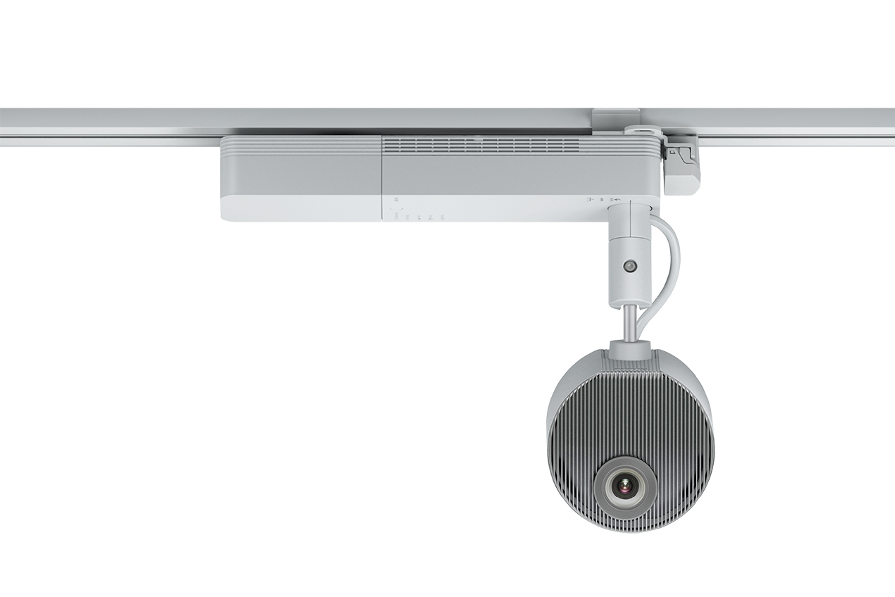 Telecamera bianca a soffitto con lente rotonda e braccio grigio, su sfondo bianco.