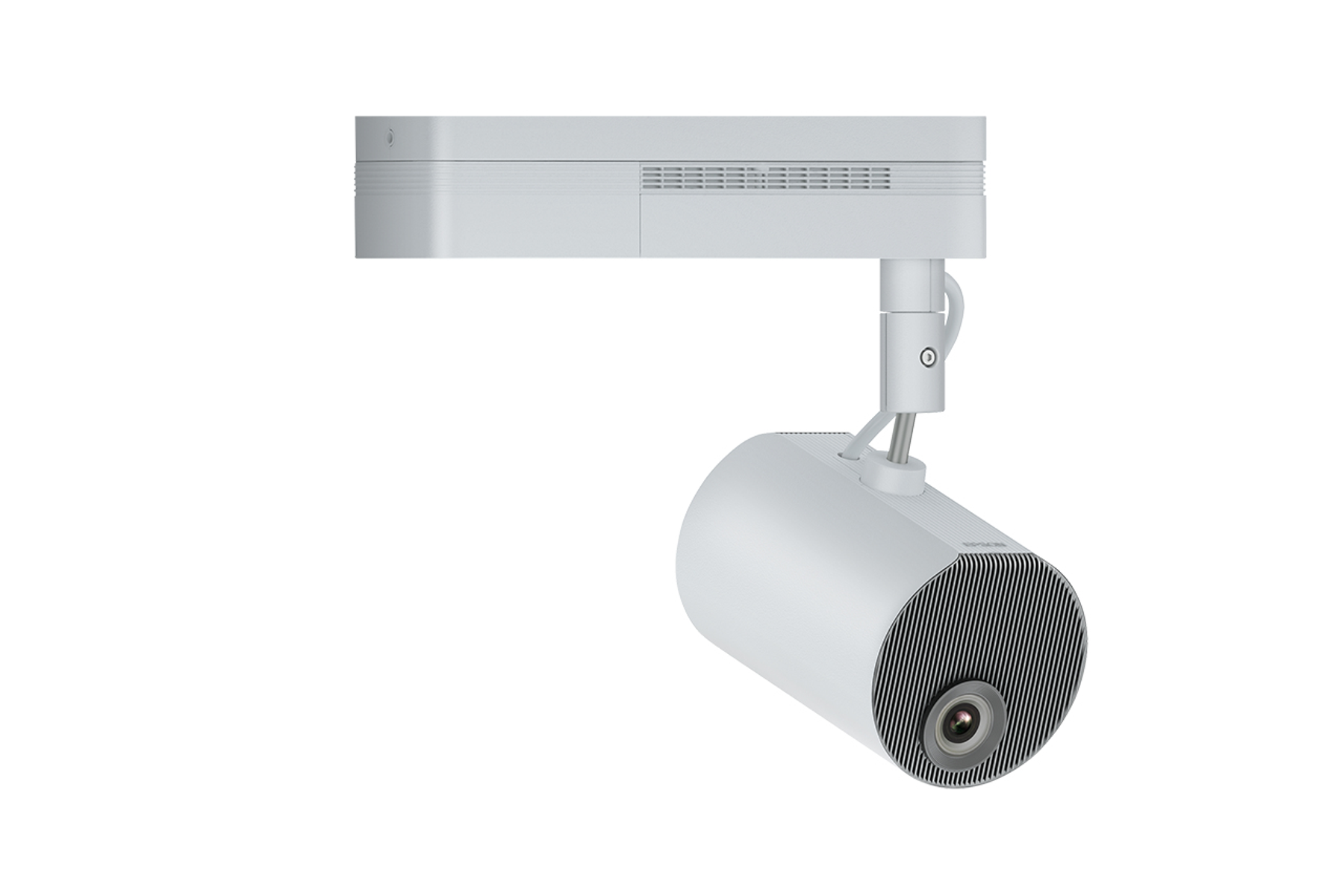 Apparecchio di illuminazione a binario bianco su sfondo bianco. L'apparecchio è montato su un binario bianco.
