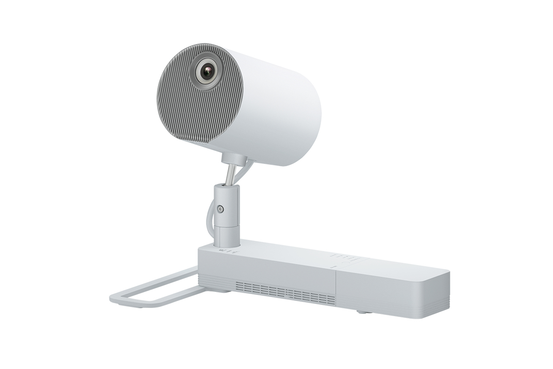 Un proiettore bianco su un supporto bianco con sfondo bianco. Il proiettore è cilindrico.
