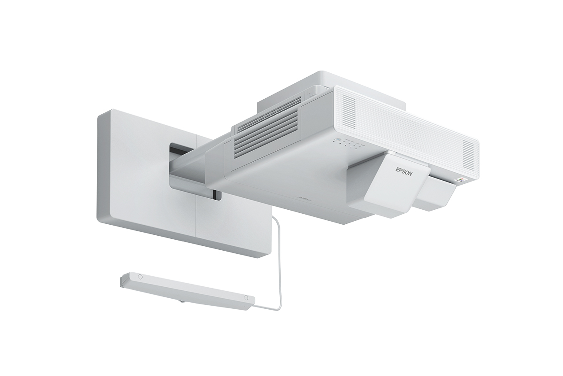 Biały projektor Epson zamontowany na ścianie, z podłączonym kablem i białym tłem.