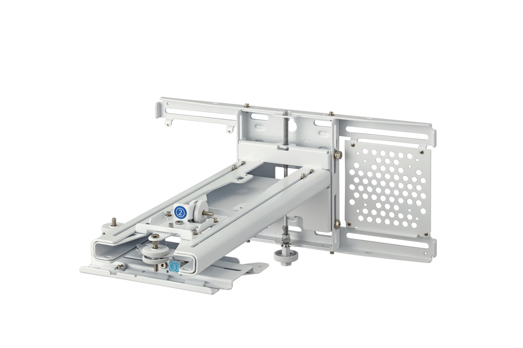 Biały uchwyt do projektora. Jest to złożona konstrukcja z regulowanymi częściami i płytą montażową.