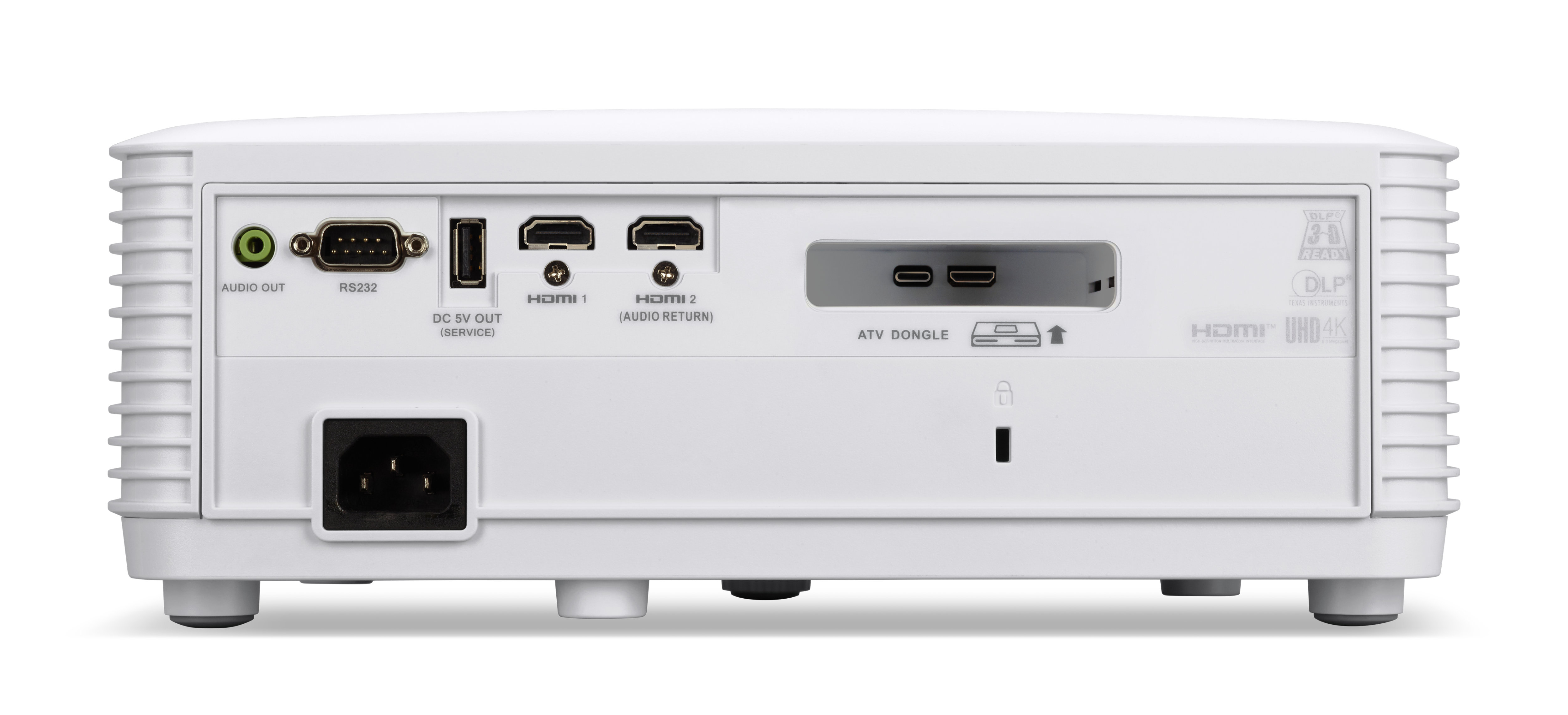 Tył białego projektora z wieloma portami. Zawiera wyjście audio, HDMI i wejście zasilania.