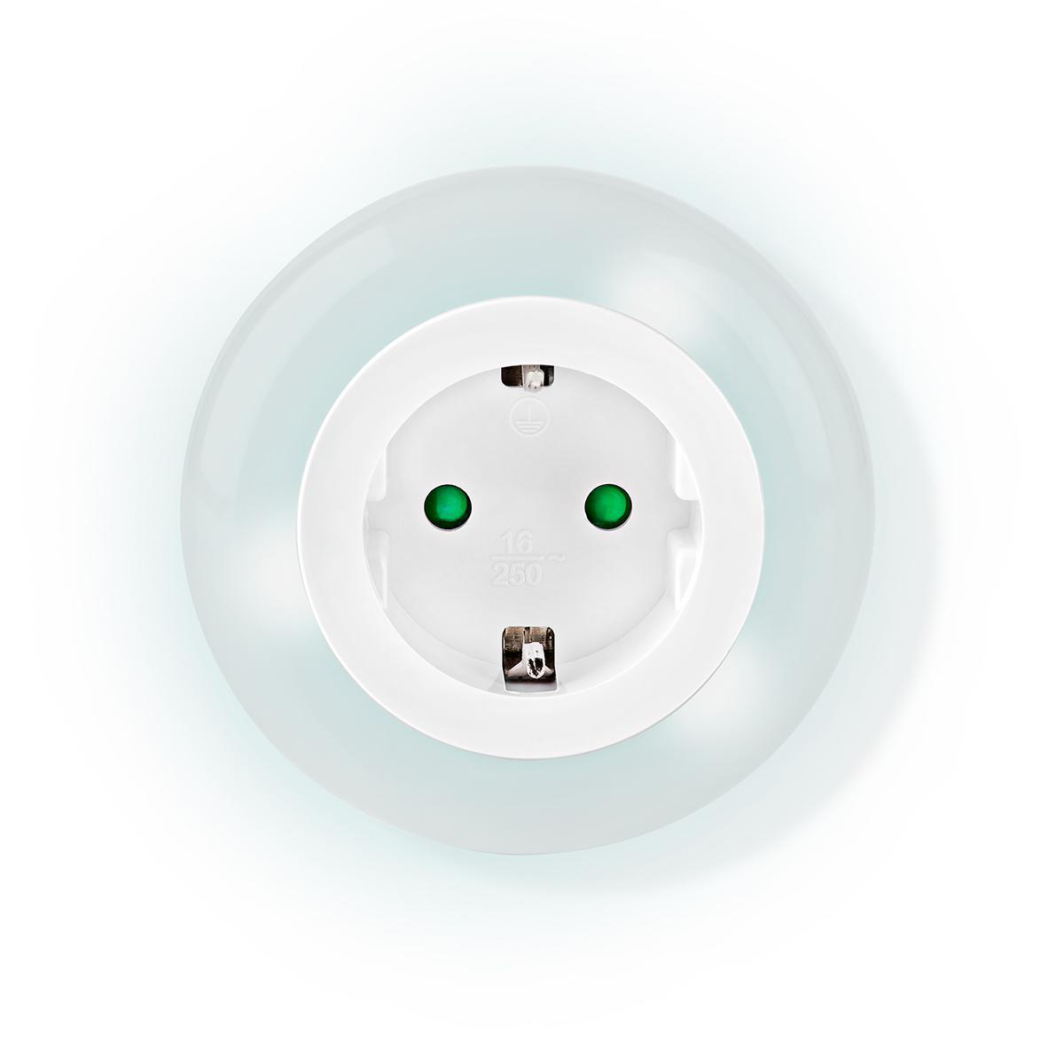 A white plug socket with green lights, seen from the front on a white background.