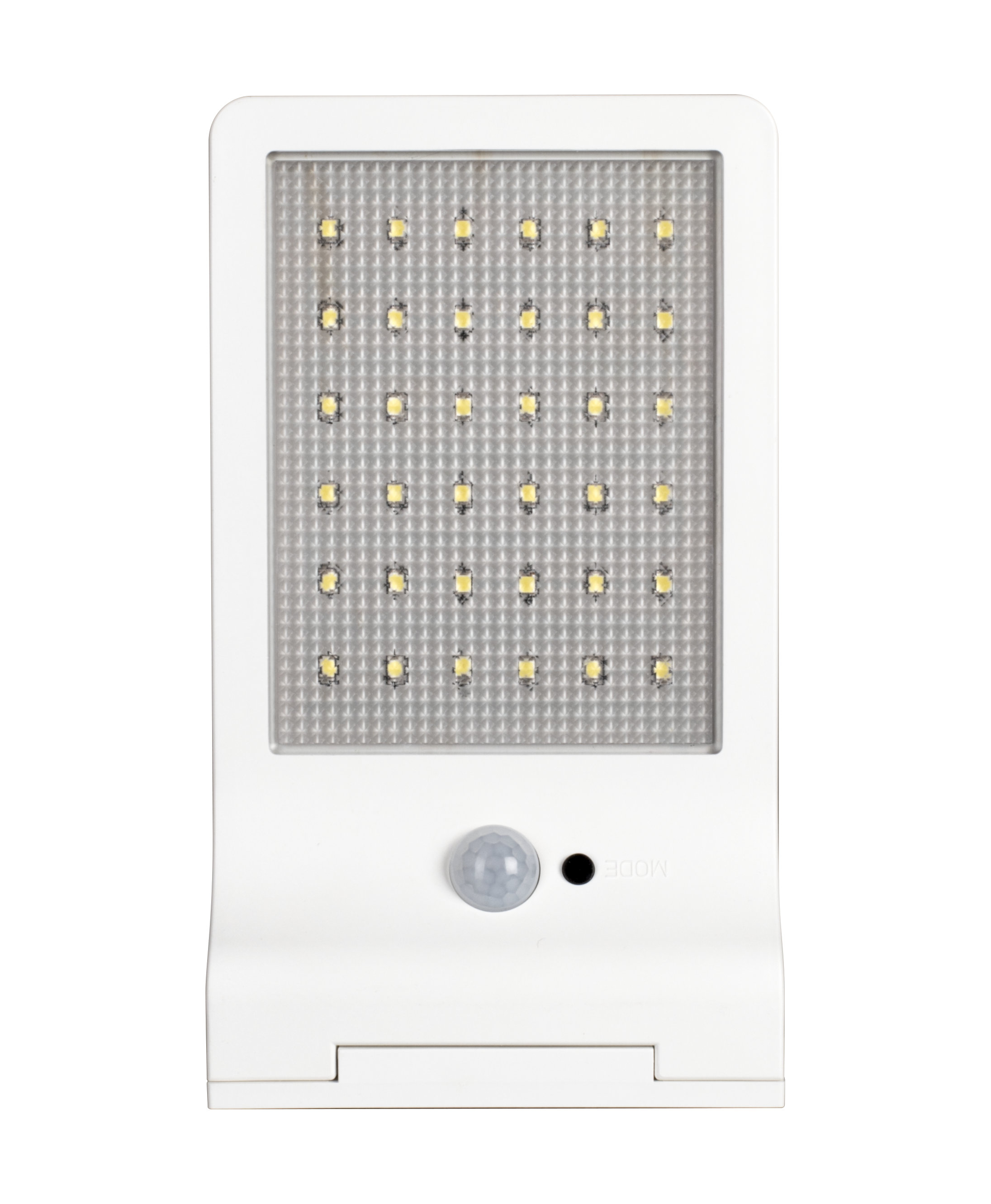 Eine weiße LED-Leuchte mit Bewegungssensor und einem Raster aus kleinen Lichtern.