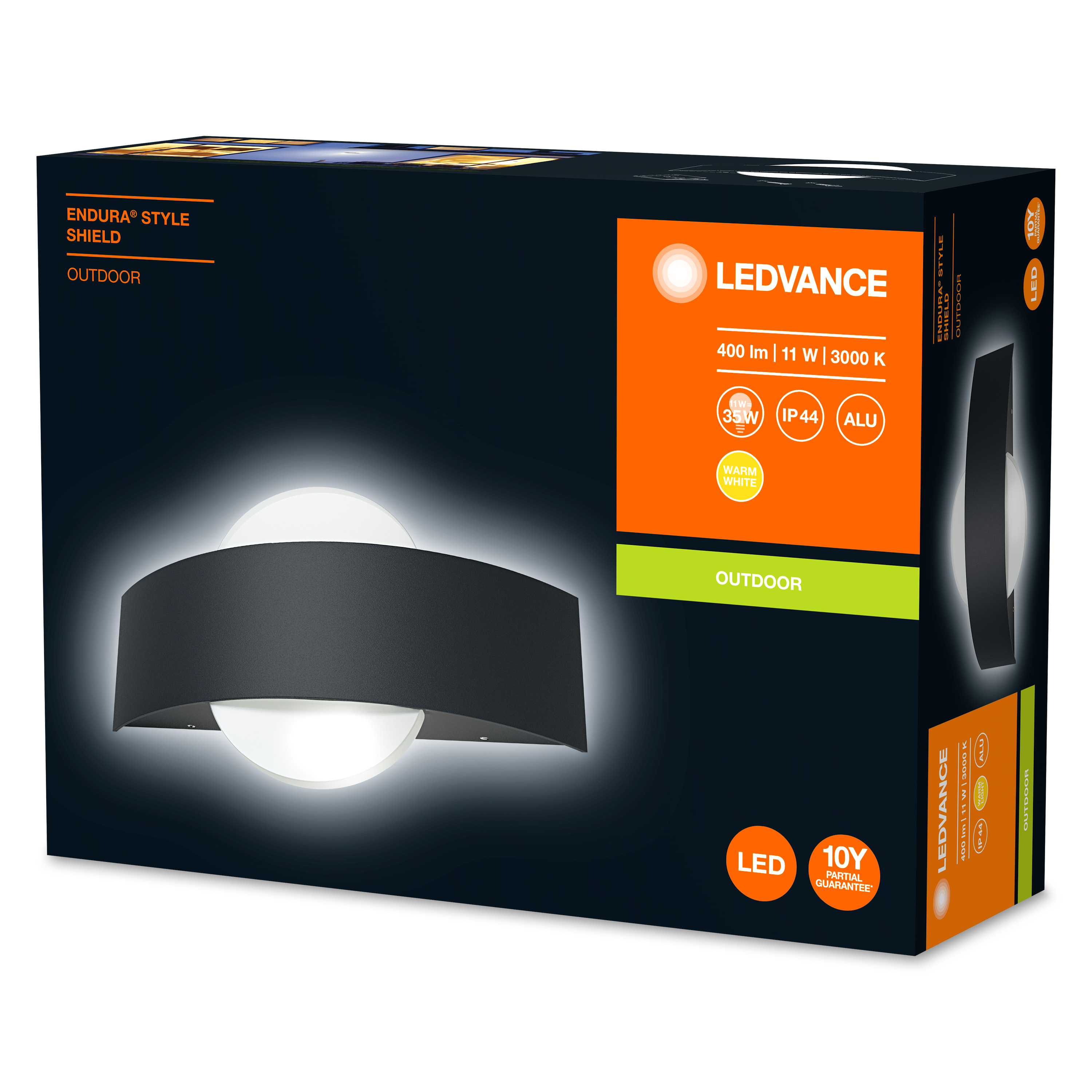 LEDVANCE Außenleuchte in einer Box. Schwarze Leuchte mit weißer Kugel. Orange, weiße und schwarze Box.