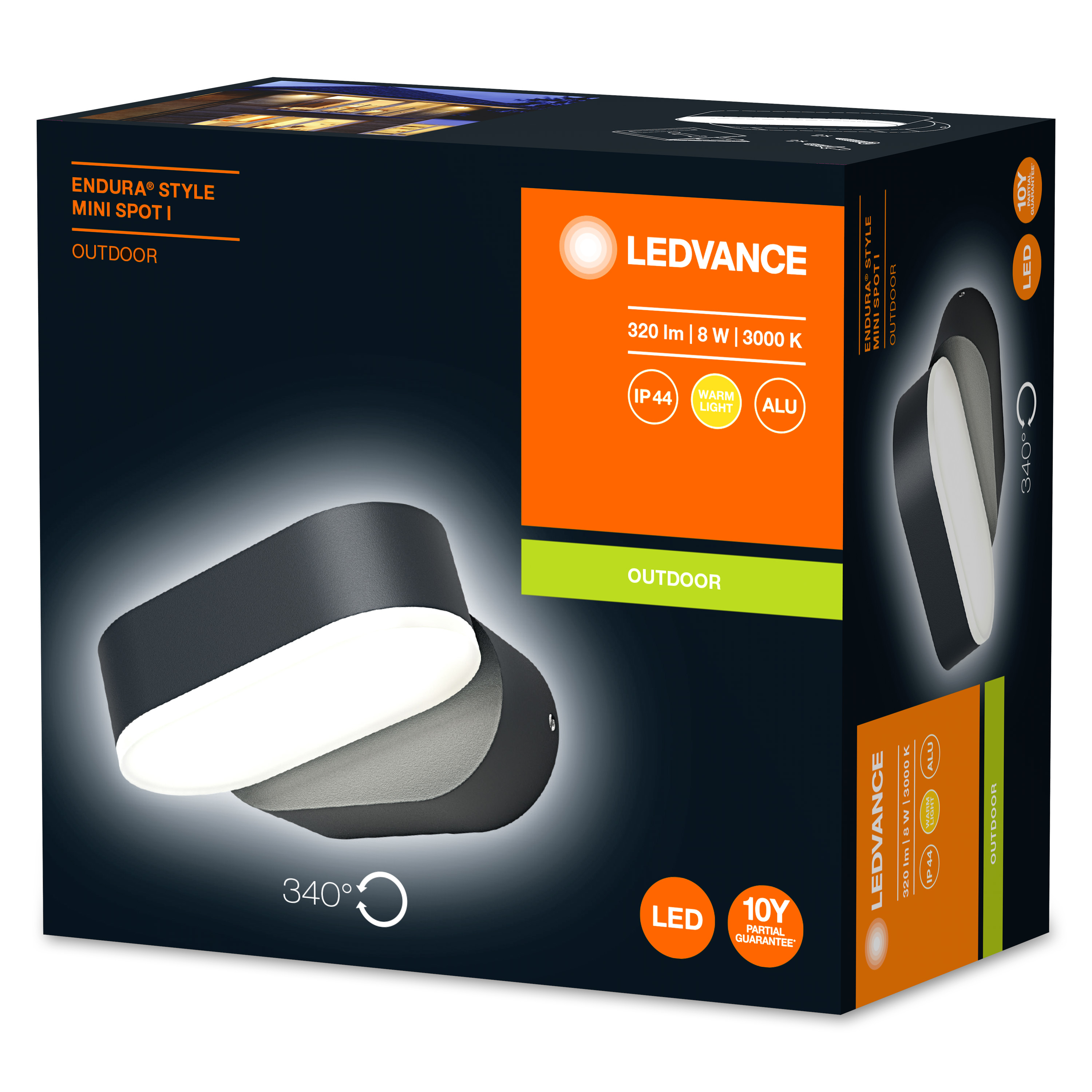 Scatola con mini spot LEDVANCE. La scatola è nera con immagine del prodotto e testo sulla luce.