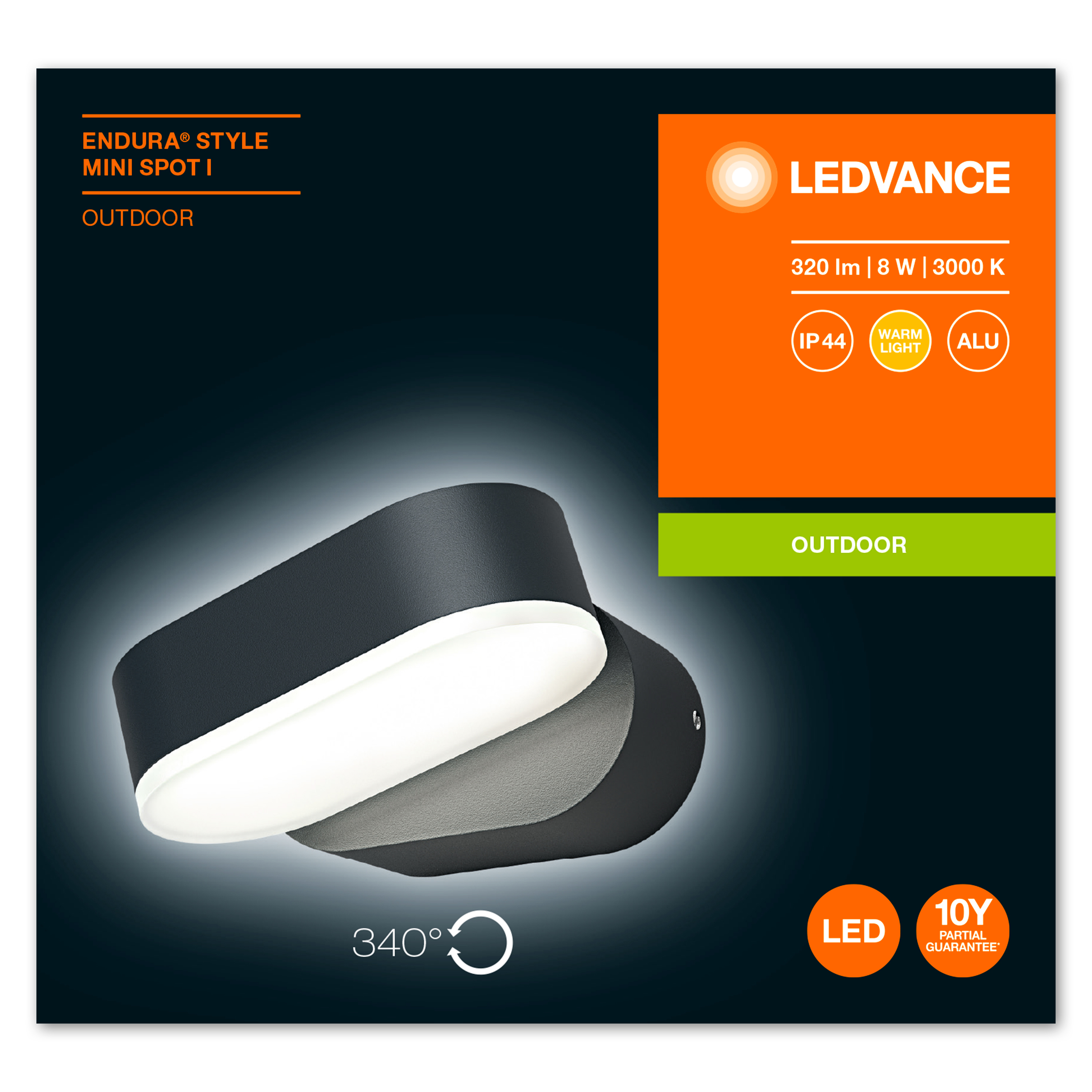 Lampada LED da esterno con un design bianco e nero. È montata su un muro.
