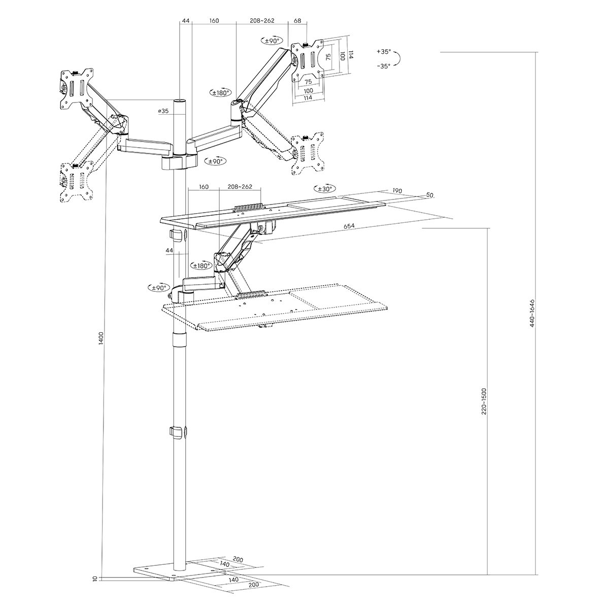 Technische Zeichnung eines Monitorarms und Schreibtisches. Inklusive Maße und Winkel. Weißer Hintergrund.
