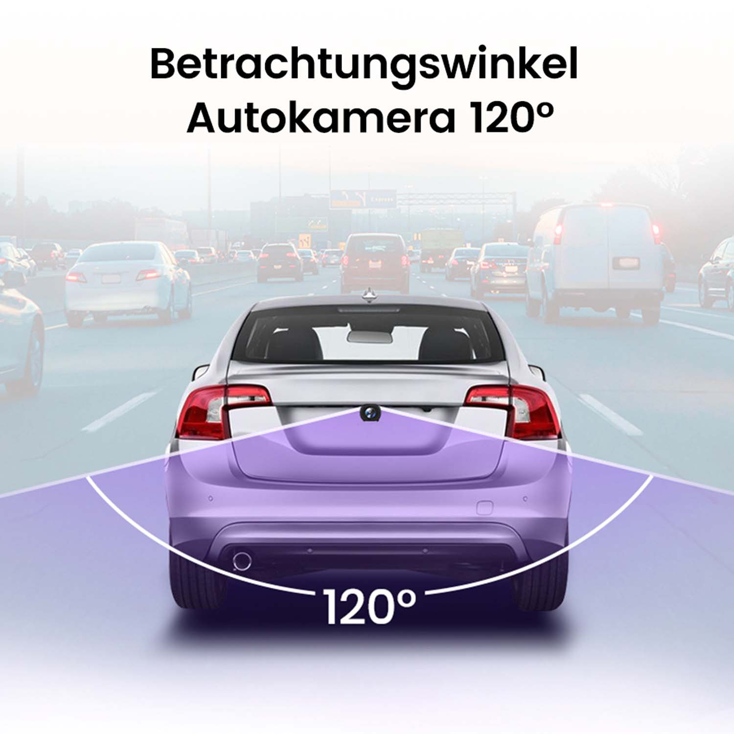 Ein Auto auf der Straße, mit einem lila Feld, das einen Betrachtungswinkel von 120 Grad anzeigt, und die Sicht des Autos zeigt.