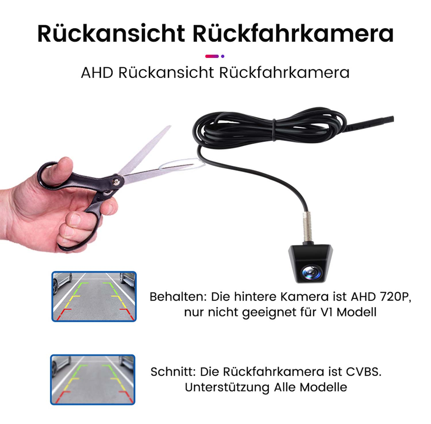 Ein Diagramm zeigt eine Rückfahrkamera mit Schere. Eines zeigt eine Fahrzeugansicht. Ein anderes eine andere.