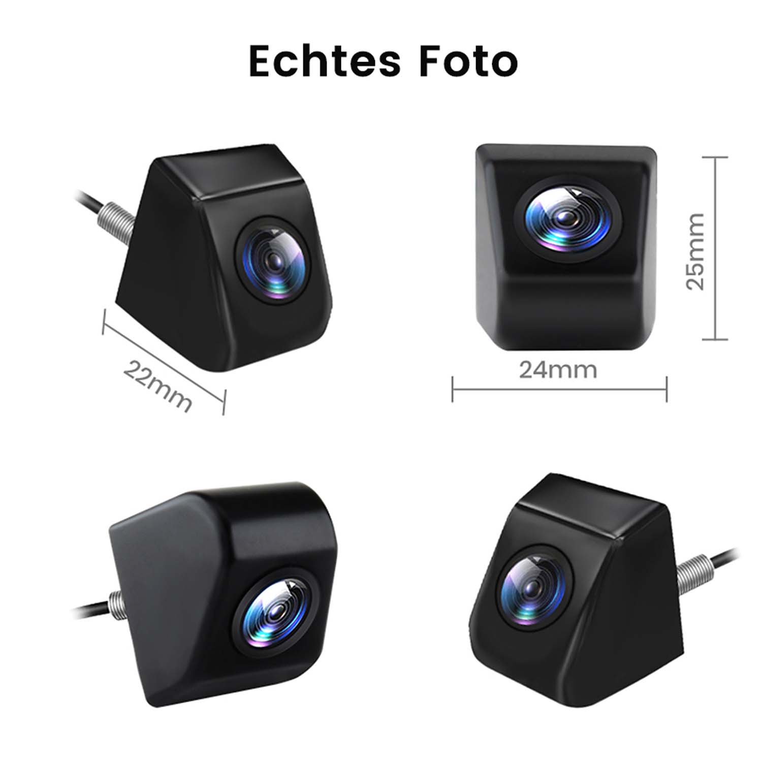 Vier schwarze Kameras mit Abmessungen und Text 'Echtes Foto' auf weißem Hintergrund.