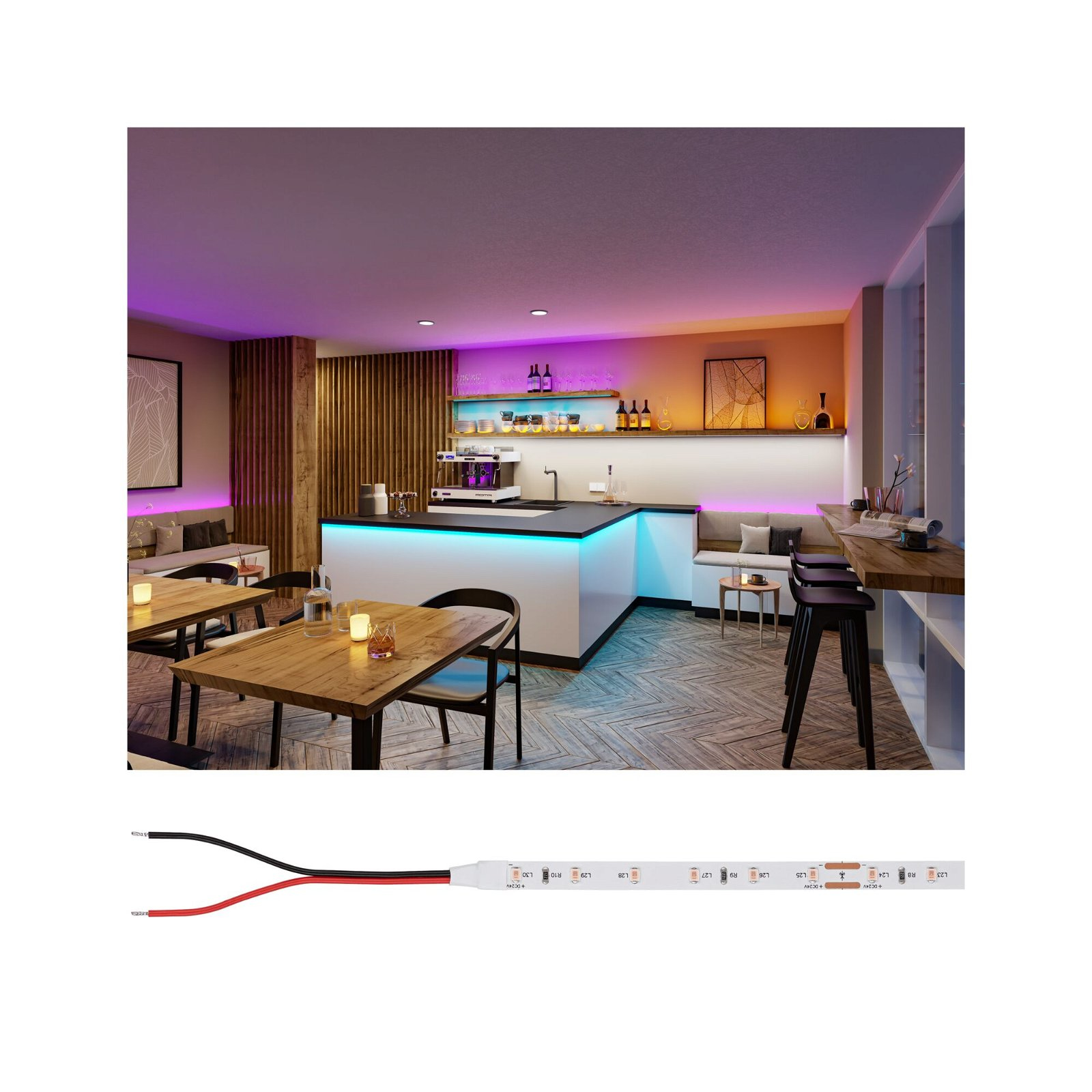 Wnętrze baru ze stołami, krzesłami i barem. Pasek LED na dole.