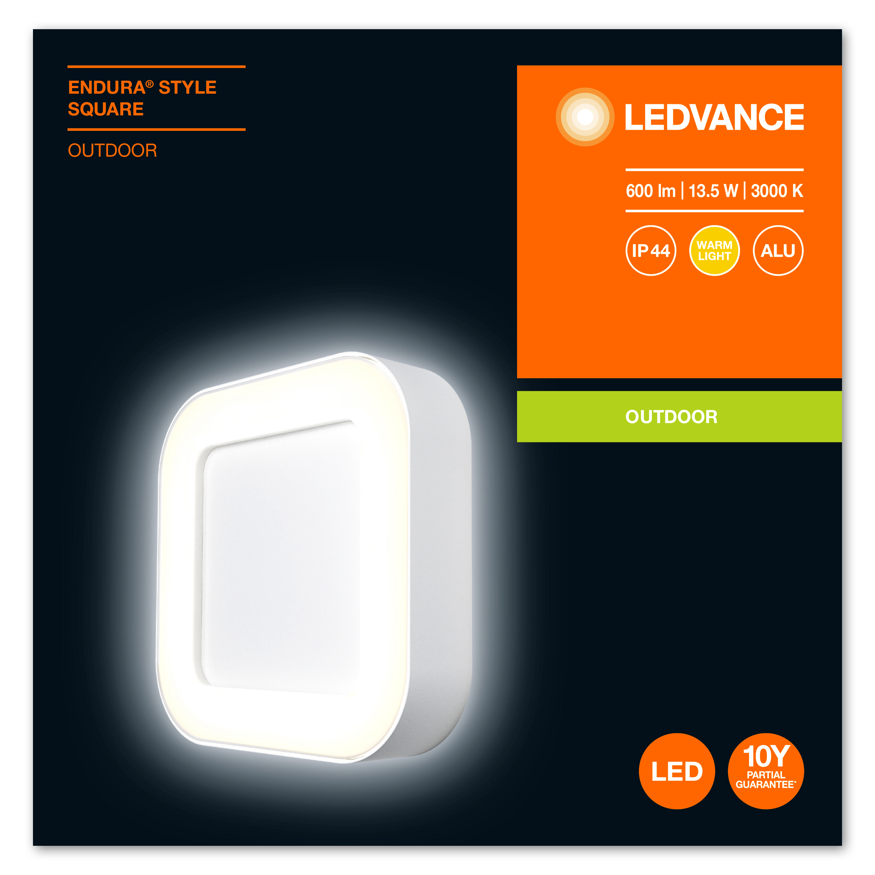 Luce LED per esterni con testo, su sfondo scuro con i loghi LED, luce calda e alluminio.