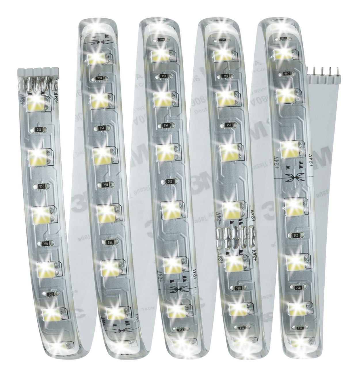 Weiße LED-Streifen mit sichtbaren LEDs, aufgerollt. Nahaufnahme vor weißem Hintergrund.