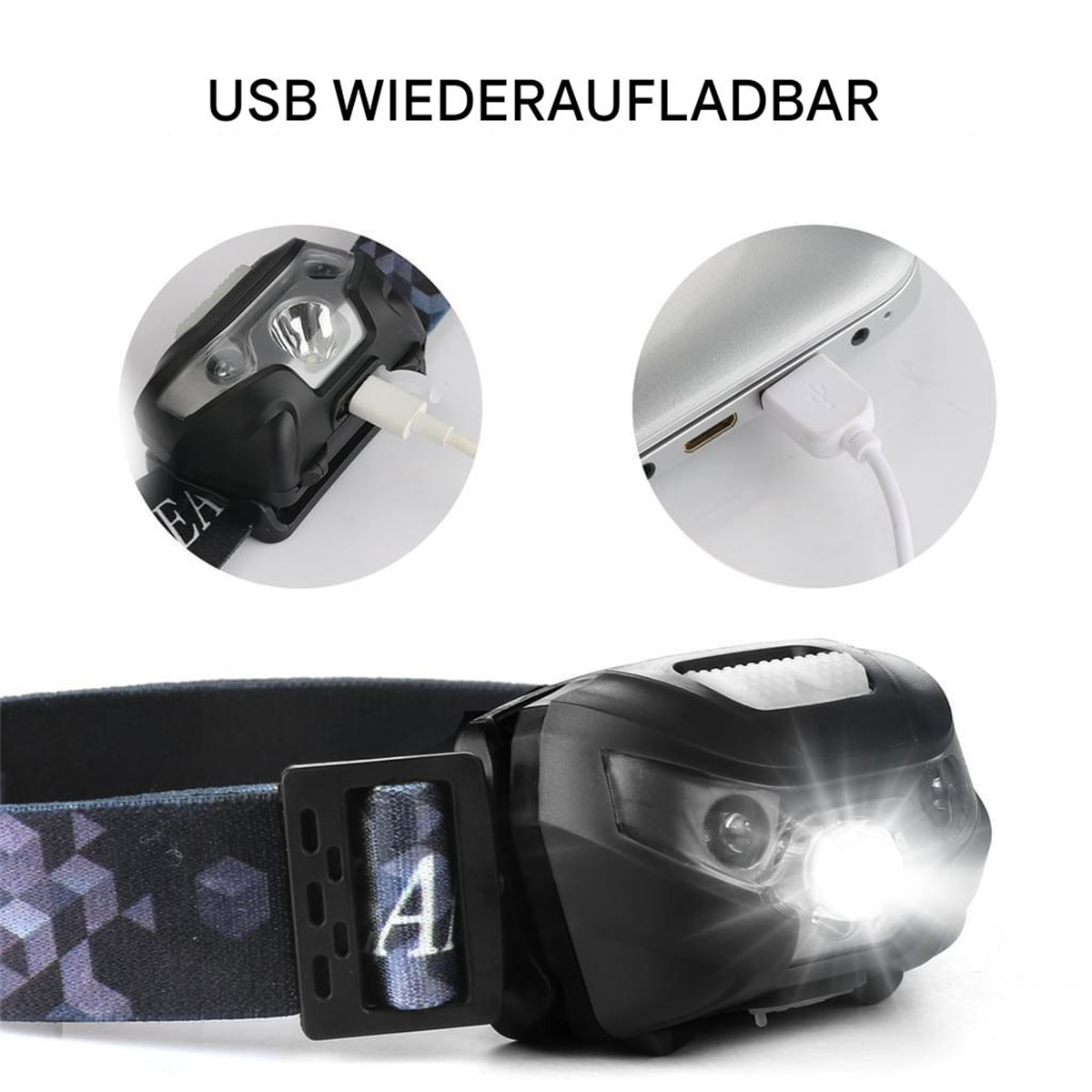 Stirnlampe mit Licht, Ladeanschluss und Riemen. Zeigt einen ladenden Laptop.