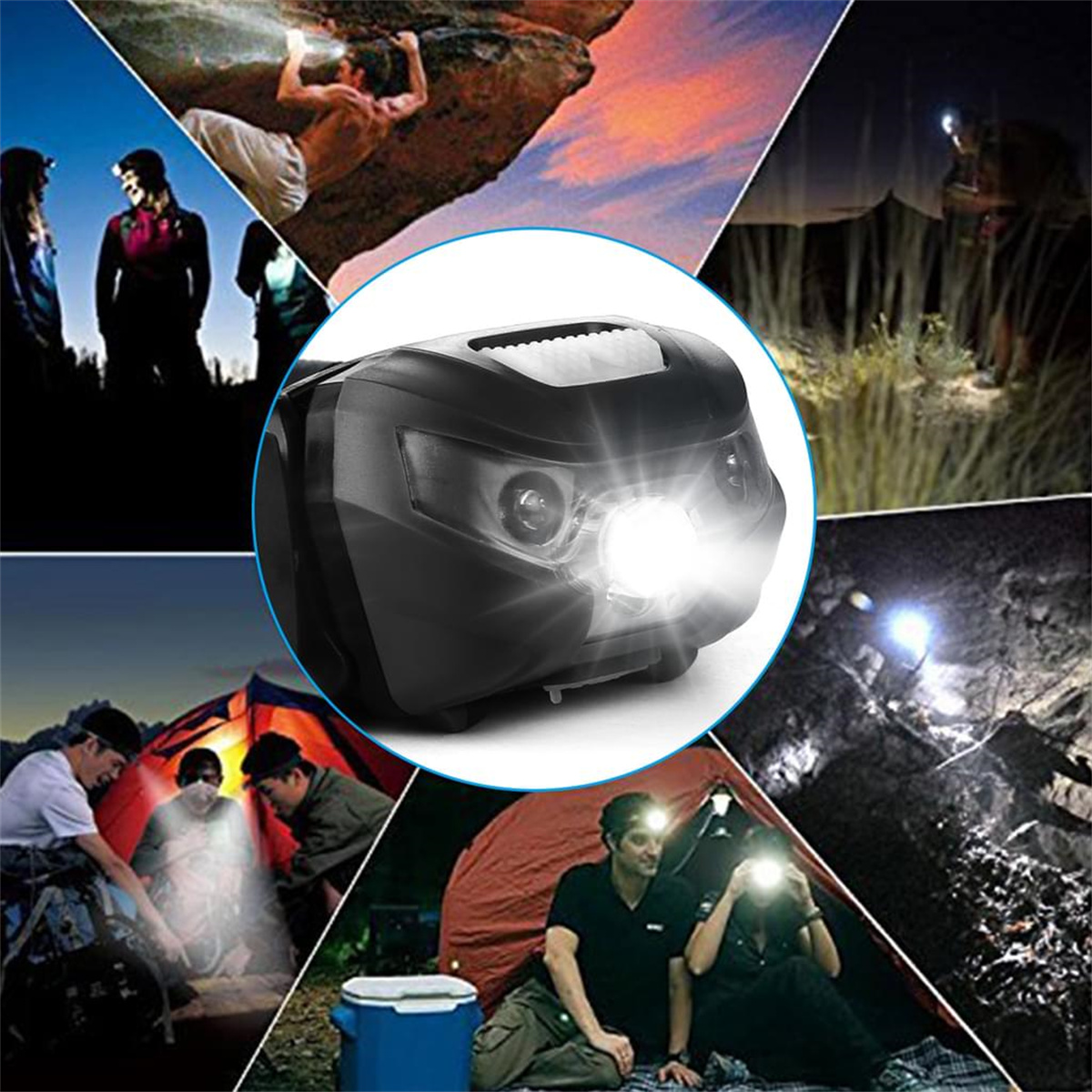 Collage von Personen mit Stirnlampen in verschiedenen Outdoor-Umgebungen, mittig eine Lampe.