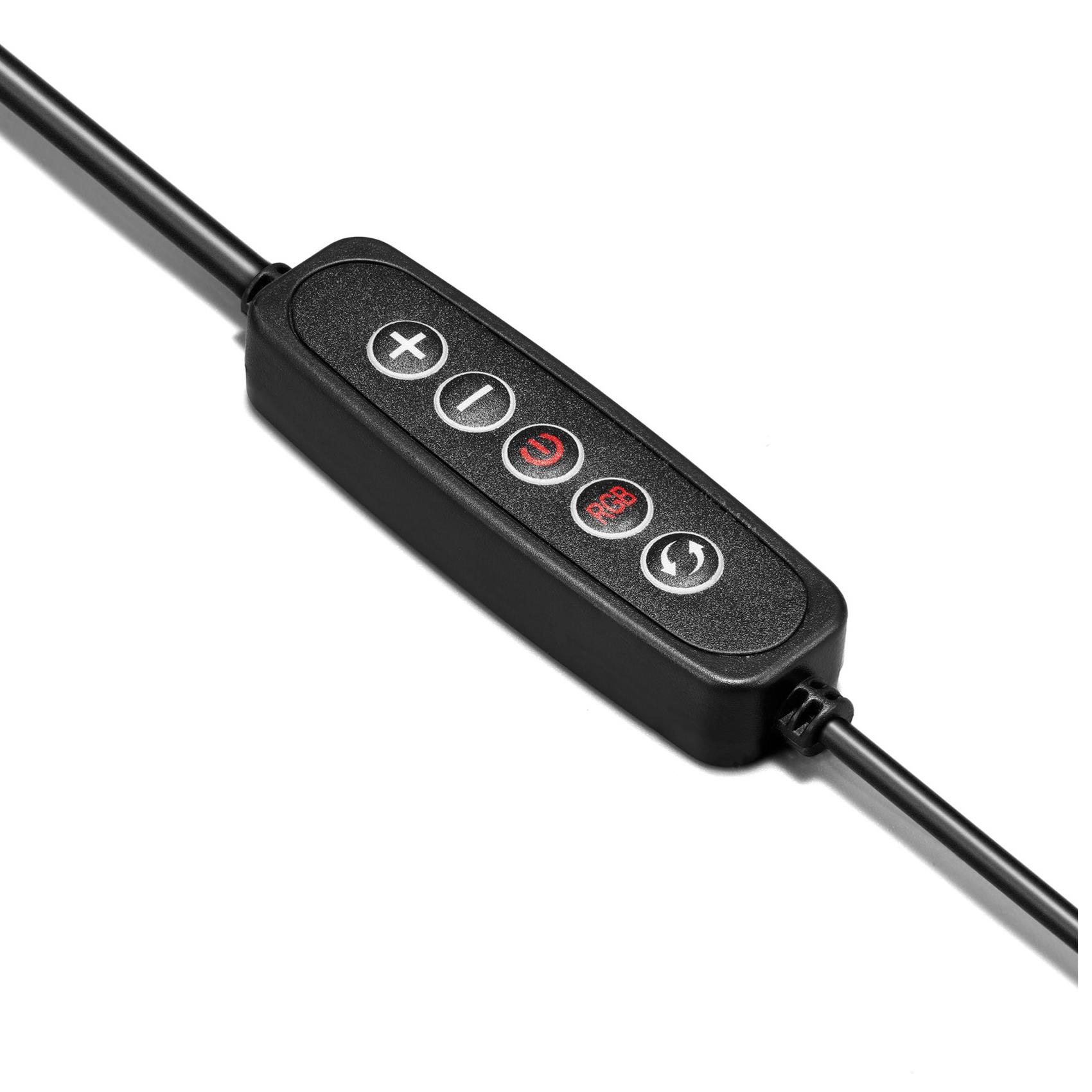 Panel de control negro con botones y símbolos, conectado a un cable, sobre fondo blanco.