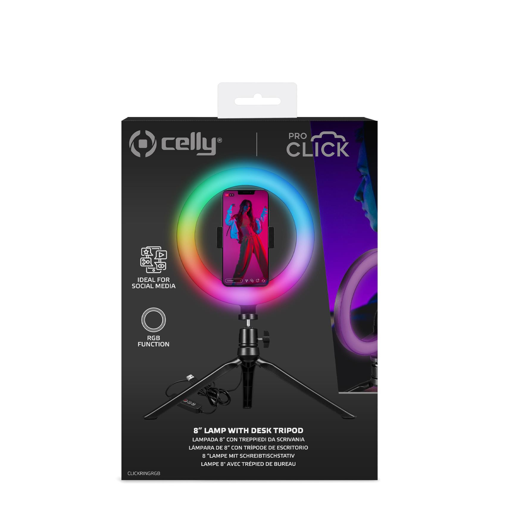 Celly Pro Click aro de luz y trípode de escritorio, con un smartphone dentro del aro. Ideal para redes sociales.