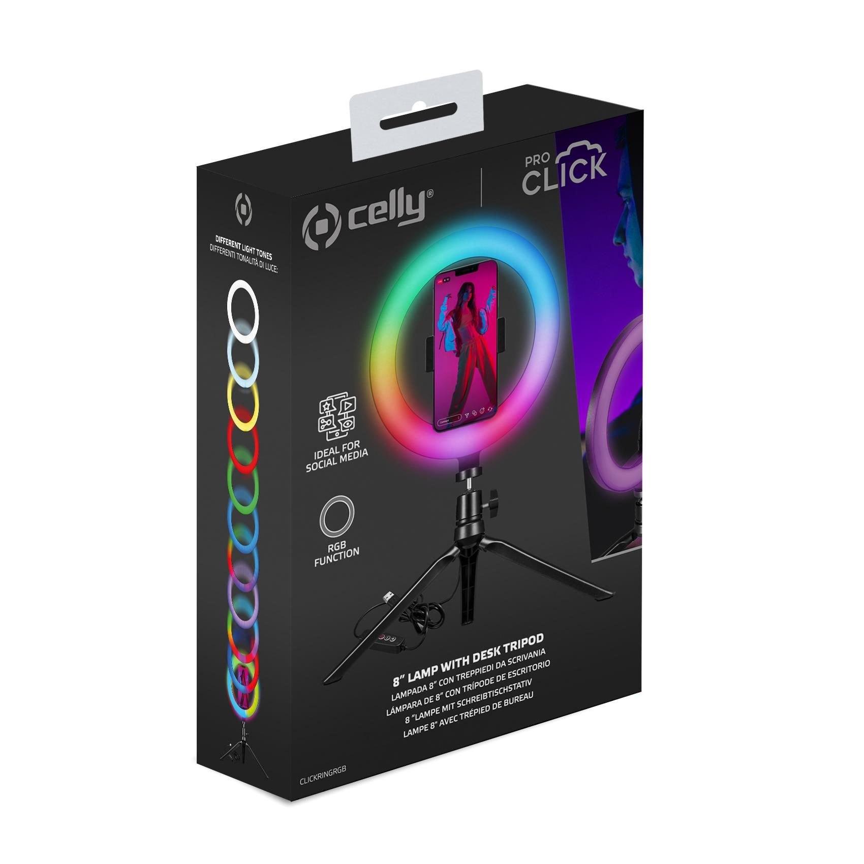 Caja para una luz de anillo para teléfono celular. Presenta una luz de anillo con un teléfono y un trípode.