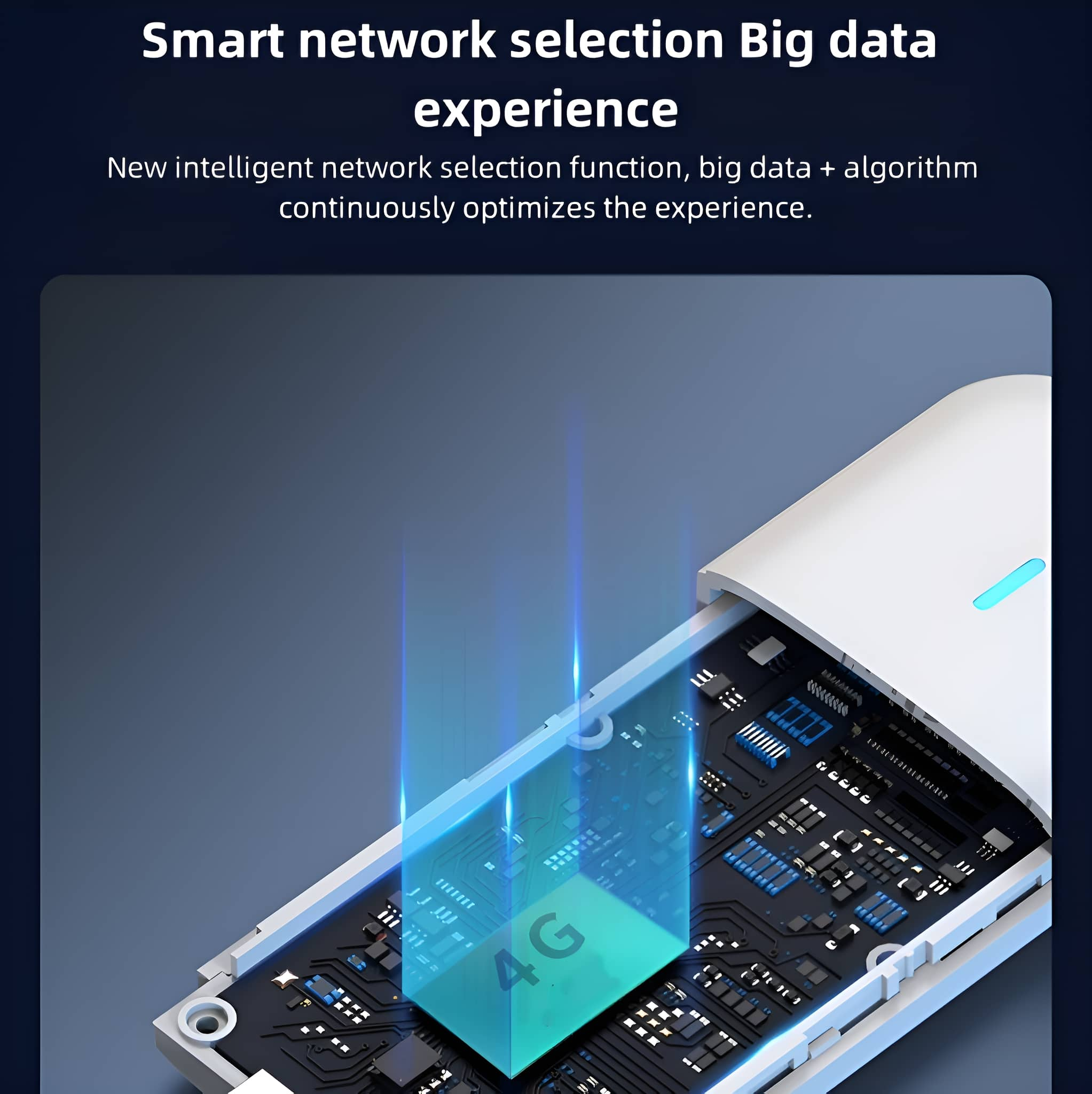 Nahaufnahme einer Leiterplatte mit dem Text '4G' in einem blauen Quadrat und Text über das Smart-Netzwerk.