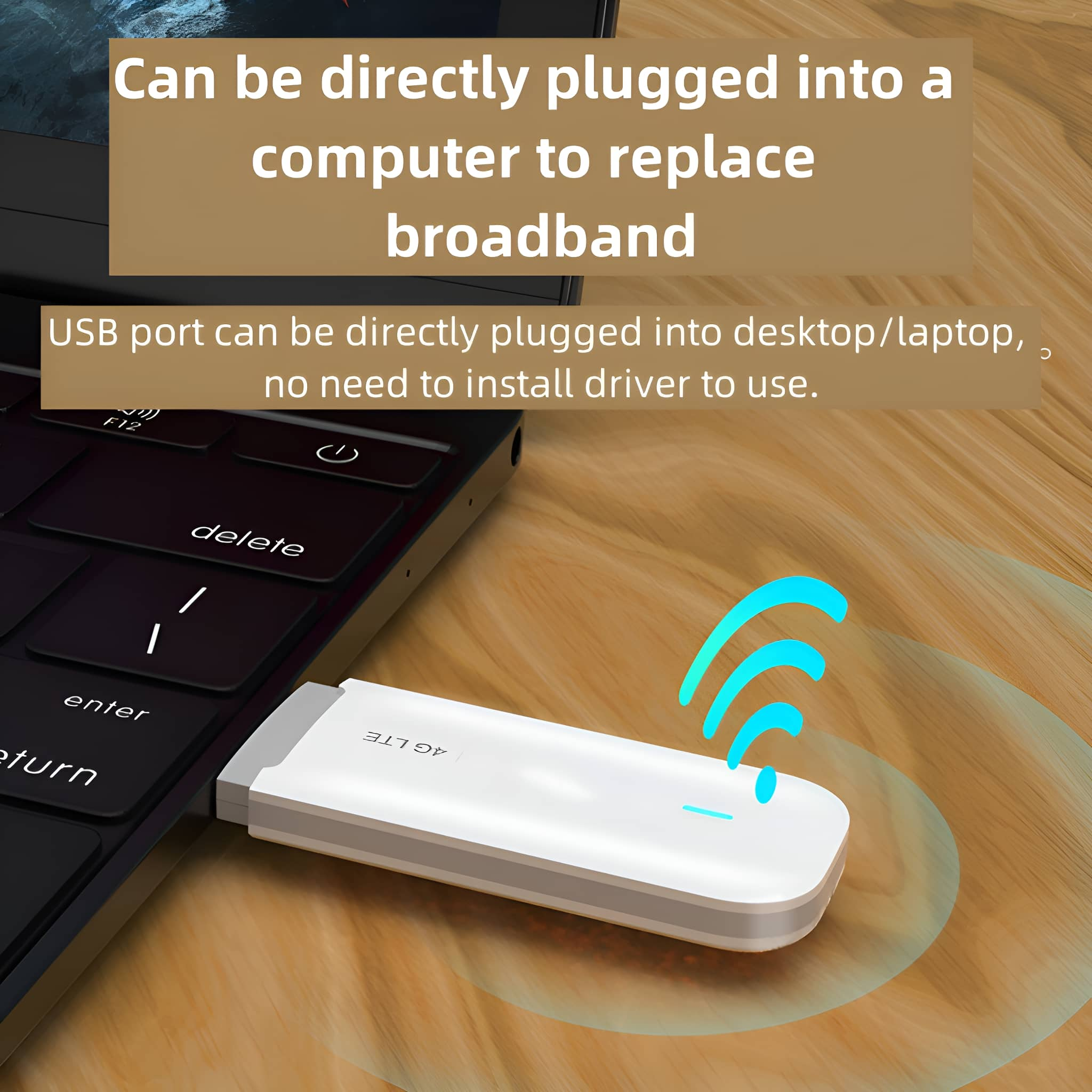 Ein weißer USB-Dongle, der in einen Laptop eingesteckt ist, mit drei blauen WLAN-Signalbögen, die davon ausgehen.
