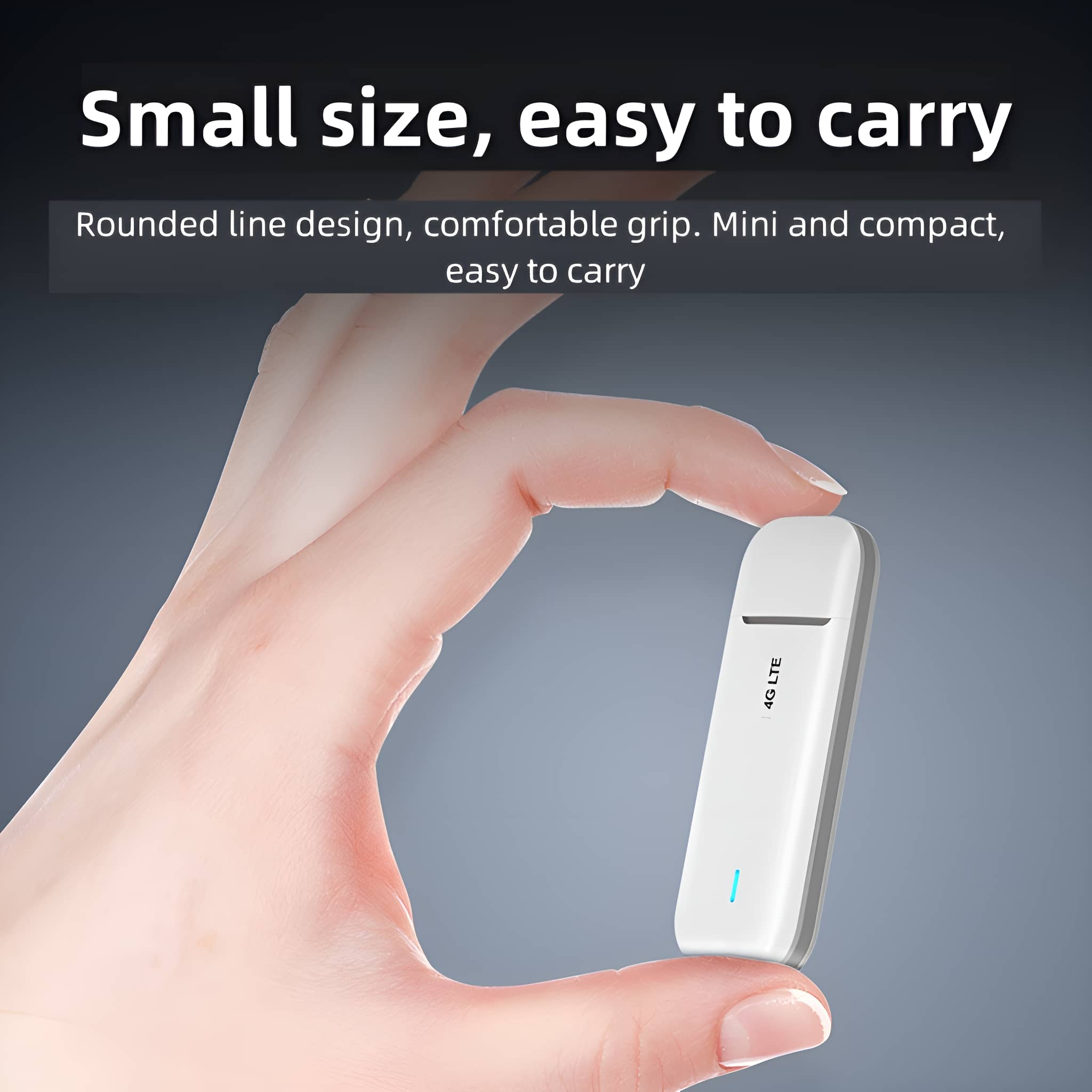 Ein weißer USB-Dongle wird in einer Hand gehalten. Text: Klein, leicht zu tragen.