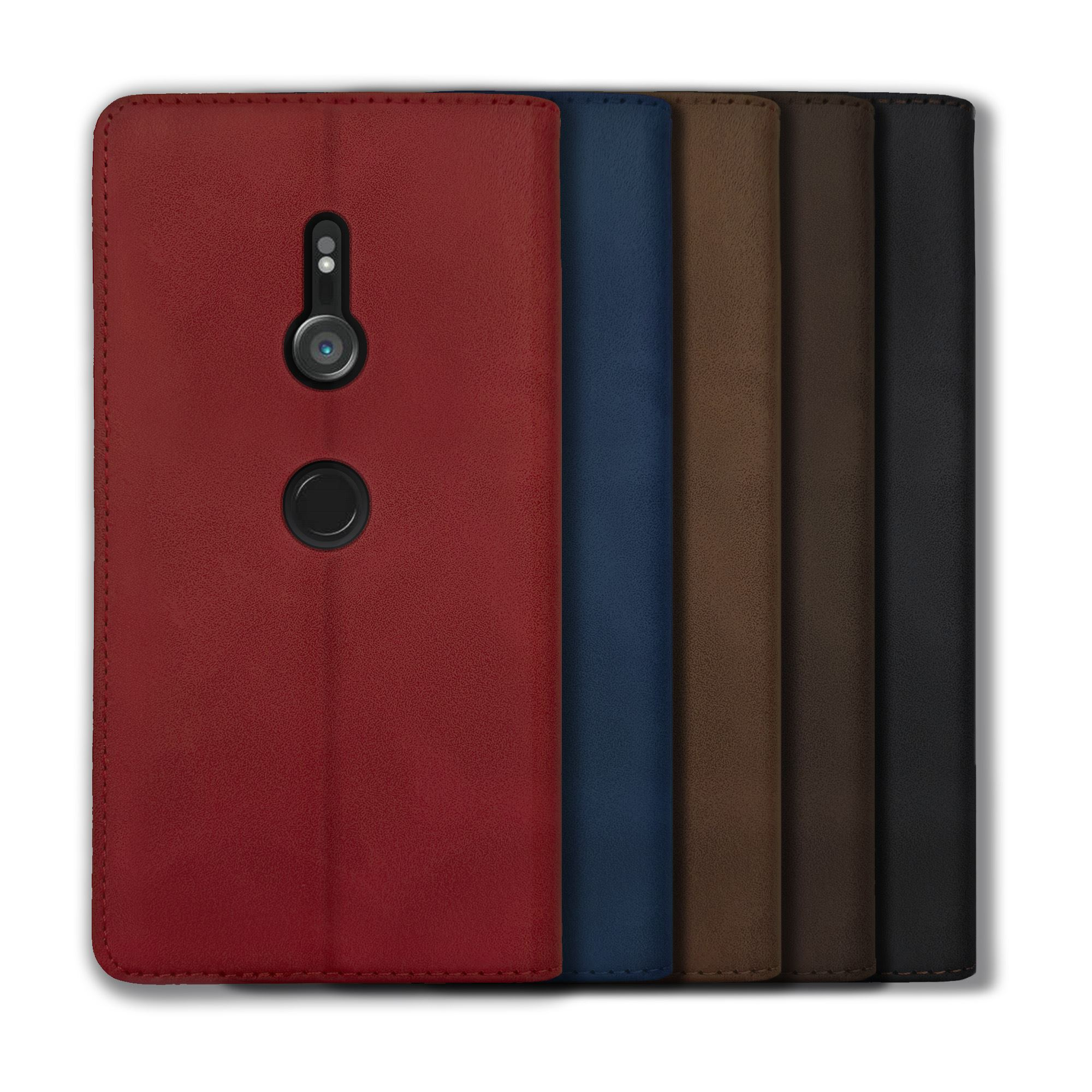 Ein Stapel bunter Handyhüllen in Rot, Blau, Braun und Schwarz.