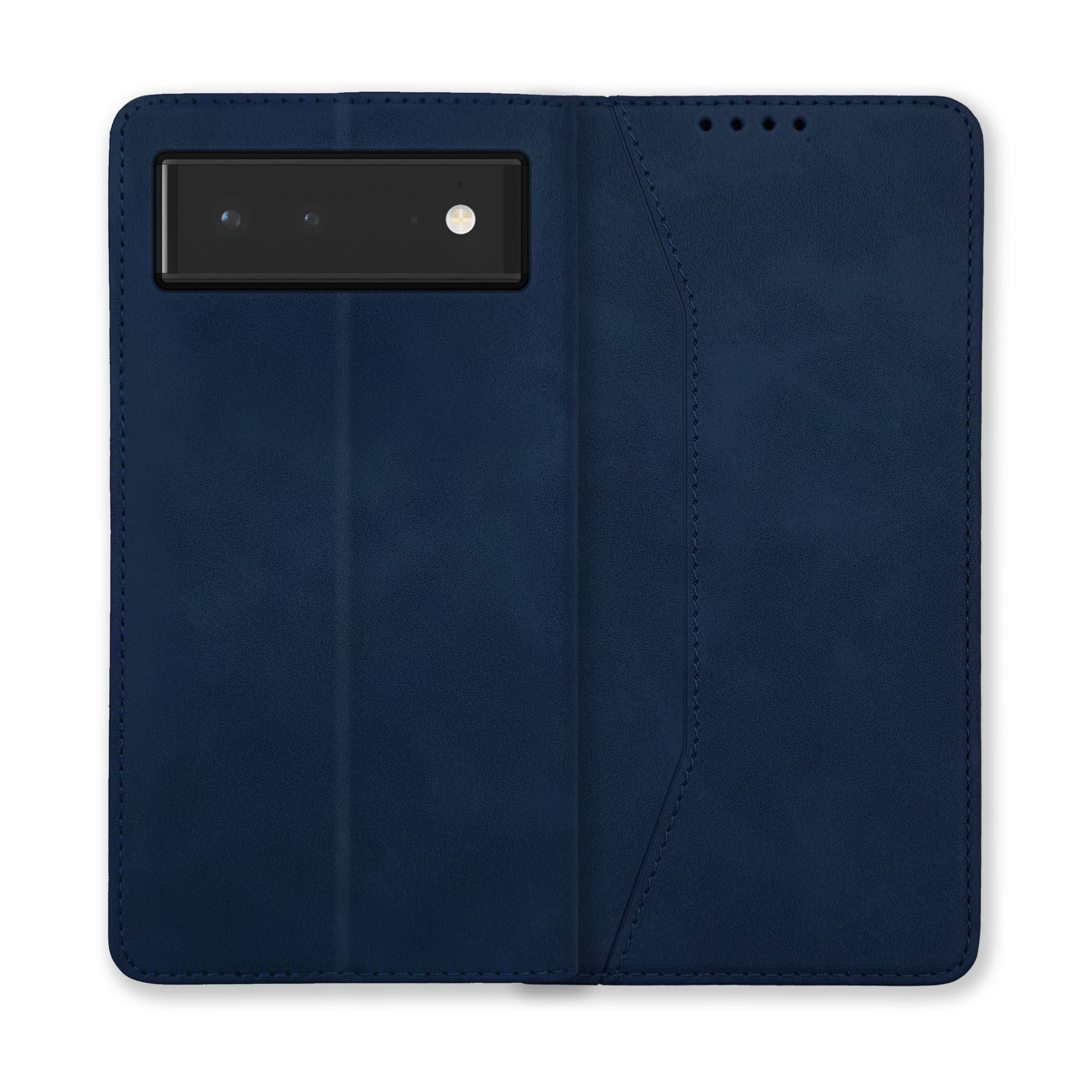 Dunkelblaue Handyhülle. Die offene Hülle zeigt ein Telefon mit Kamera und Nahtdetails.