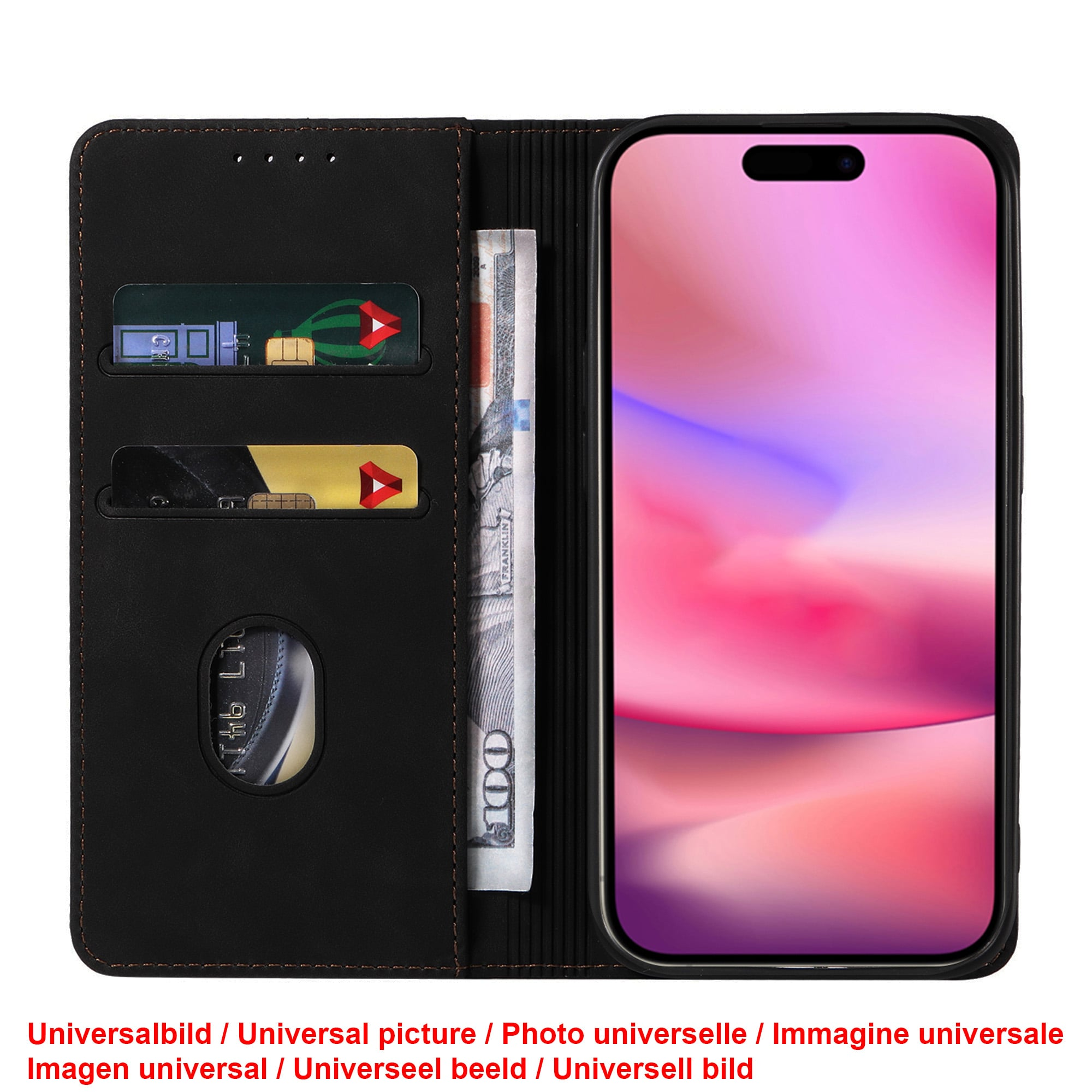 Eine offene Handyhülle mit Handy, Geldbündel und Kartenfächern. Das Handy hat pinken Hintergrund.