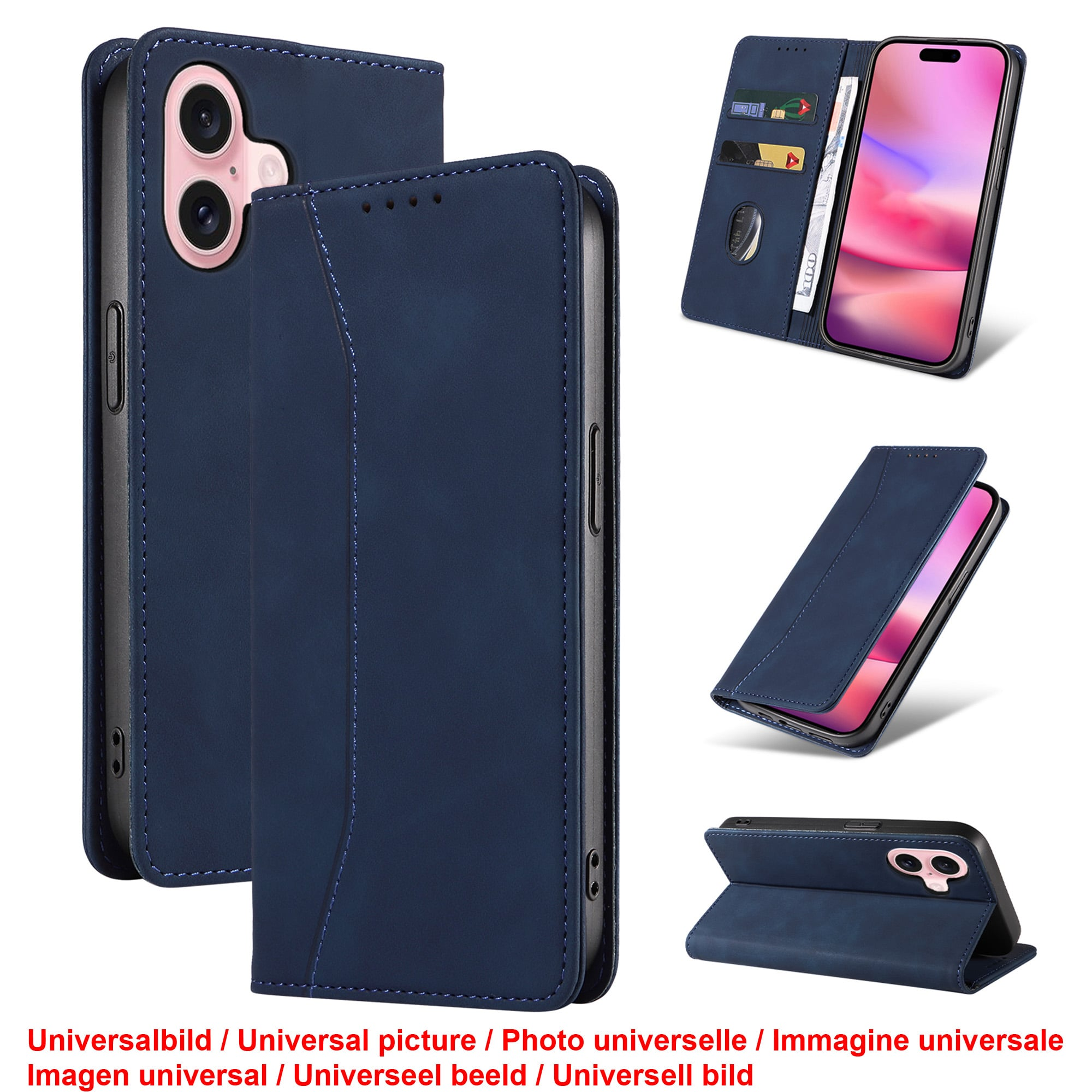 Blaue Handyhülle mit mehreren Ansichten. Die Hülle hält ein Telefon, hat Kartenfächer und lässt sich mit einem Magnetverschluss öffnen.