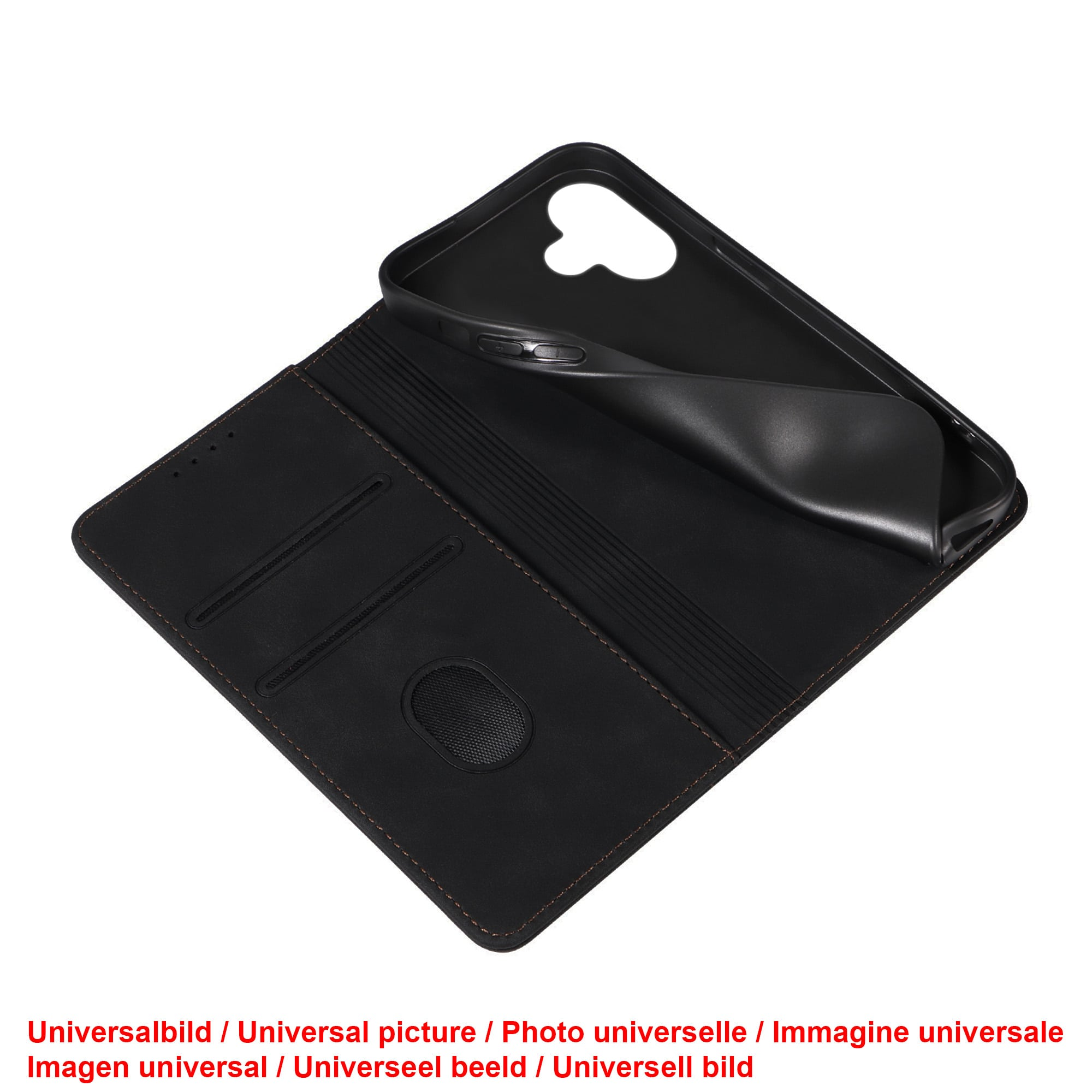 Schwarze Handyhülle mit Klappdeckel. Braunes Leder und ein Telefon.