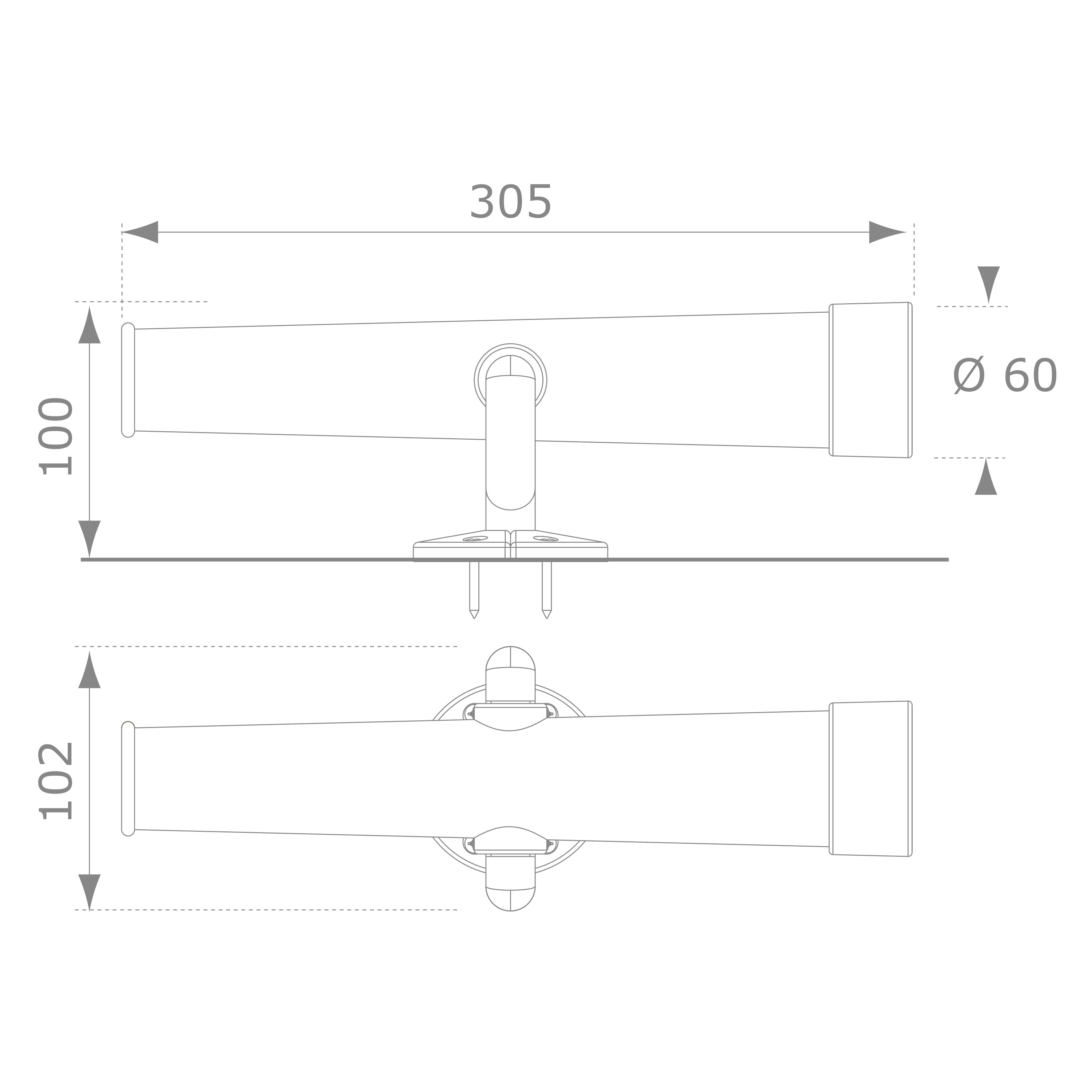 Technische Zeichnung mit Abmessungen einer Lampe oder Leuchte. Top- und Seitenansichten sind dargestellt.