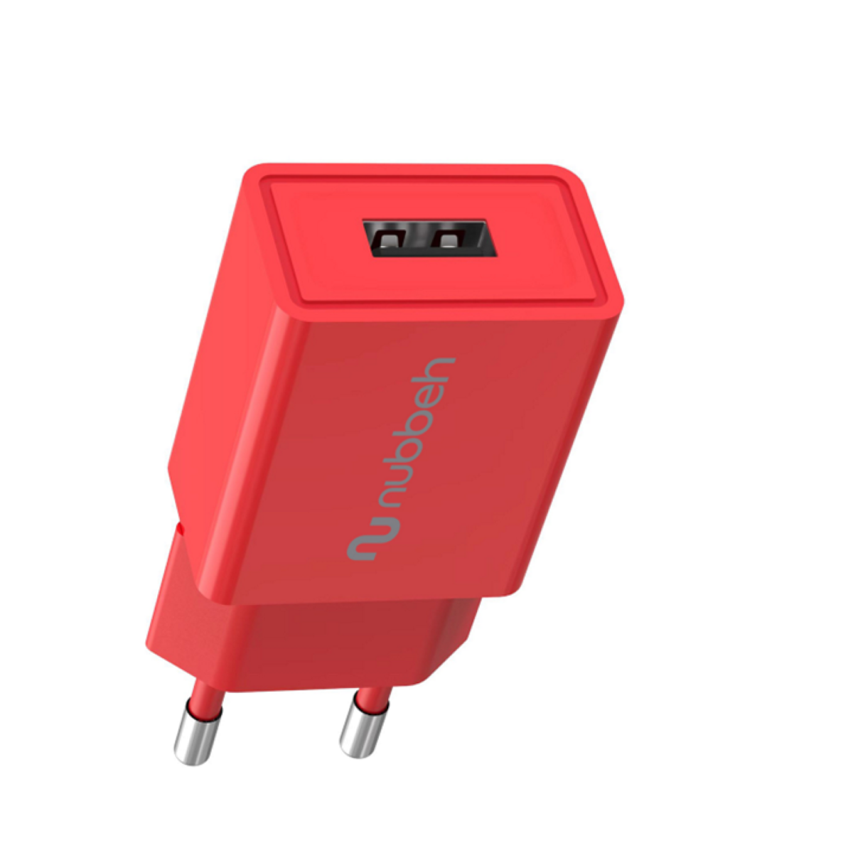 Cargador USB rojo con puerto USB, sobre fondo blanco.