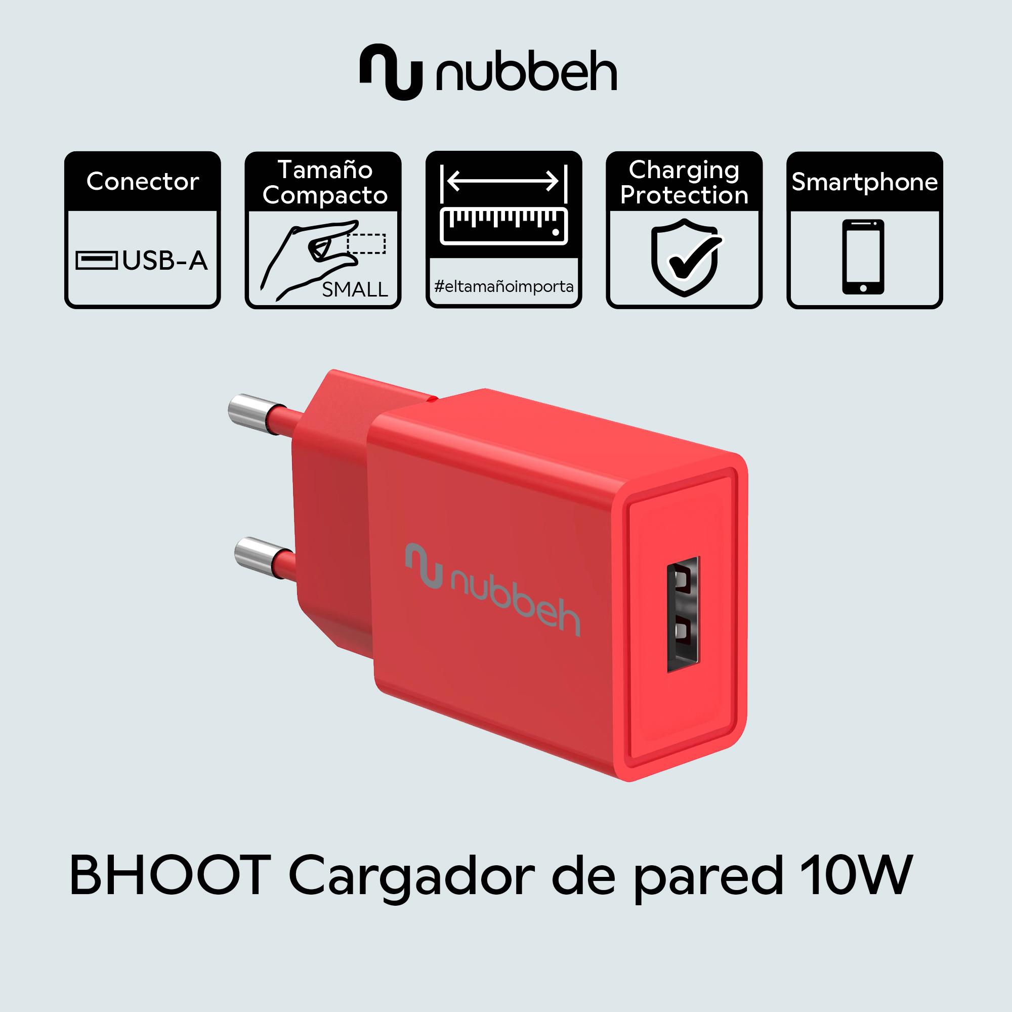 Un cargador de pared nubbeh rojo con conector USB-A y tamaño compacto, con iconos en el fondo.