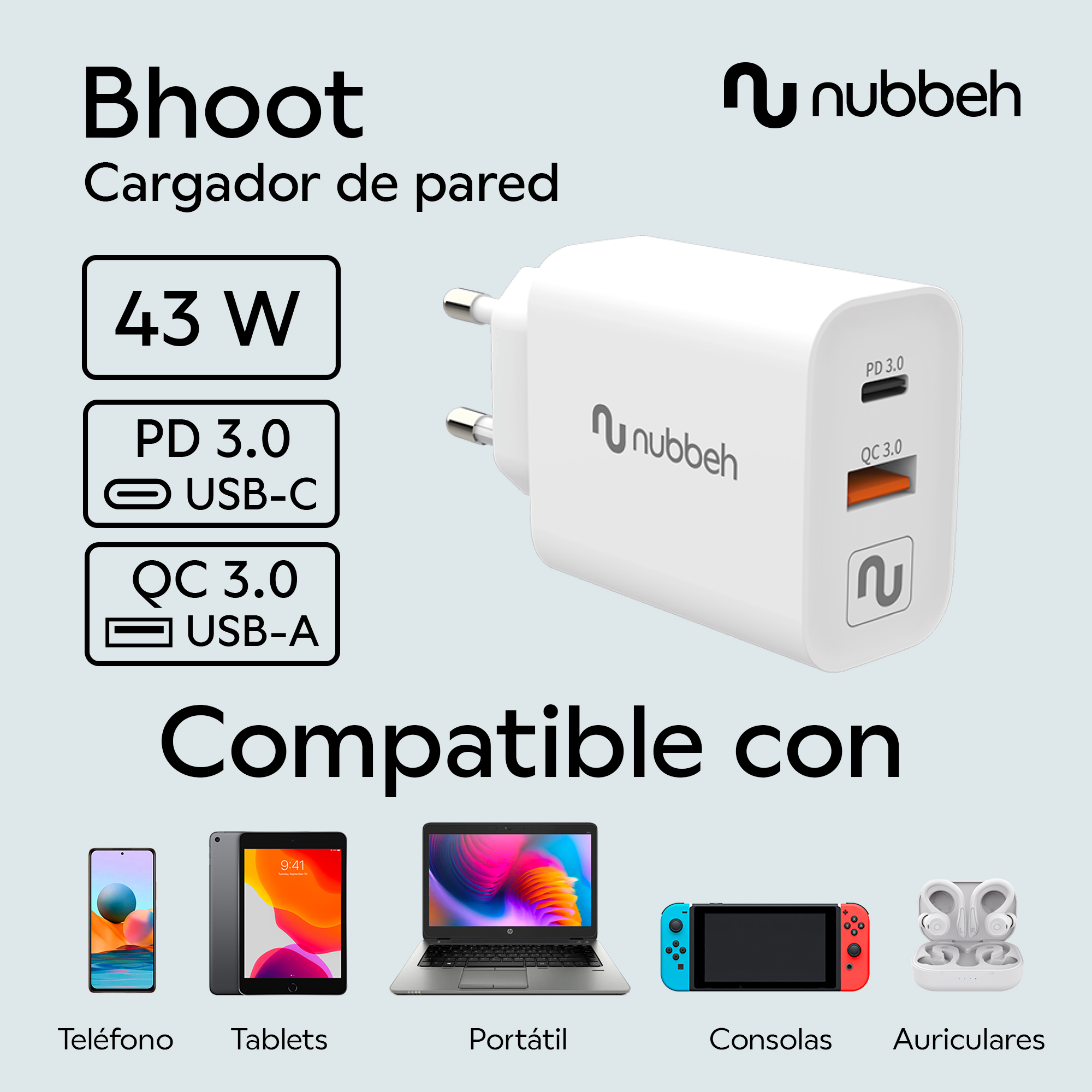 Cargador de pared blanco con texto negro. Se muestran los dispositivos compatibles. El cargador tiene puertos USB-C y USB-A.