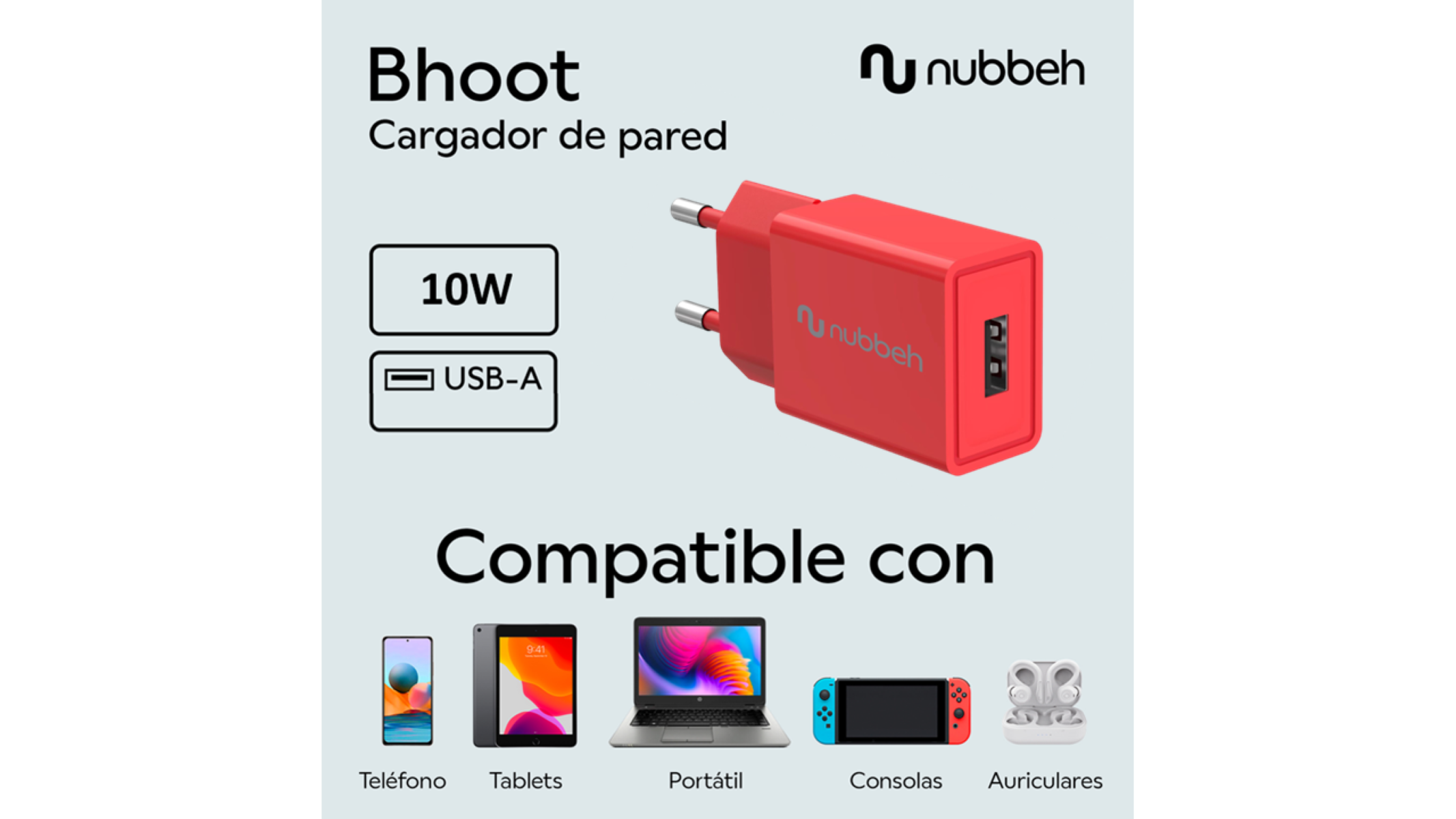 Cargador de pared rojo con USB-A, marcado 'Bhoot' y 'nubbeh', y dispositivos compatibles.