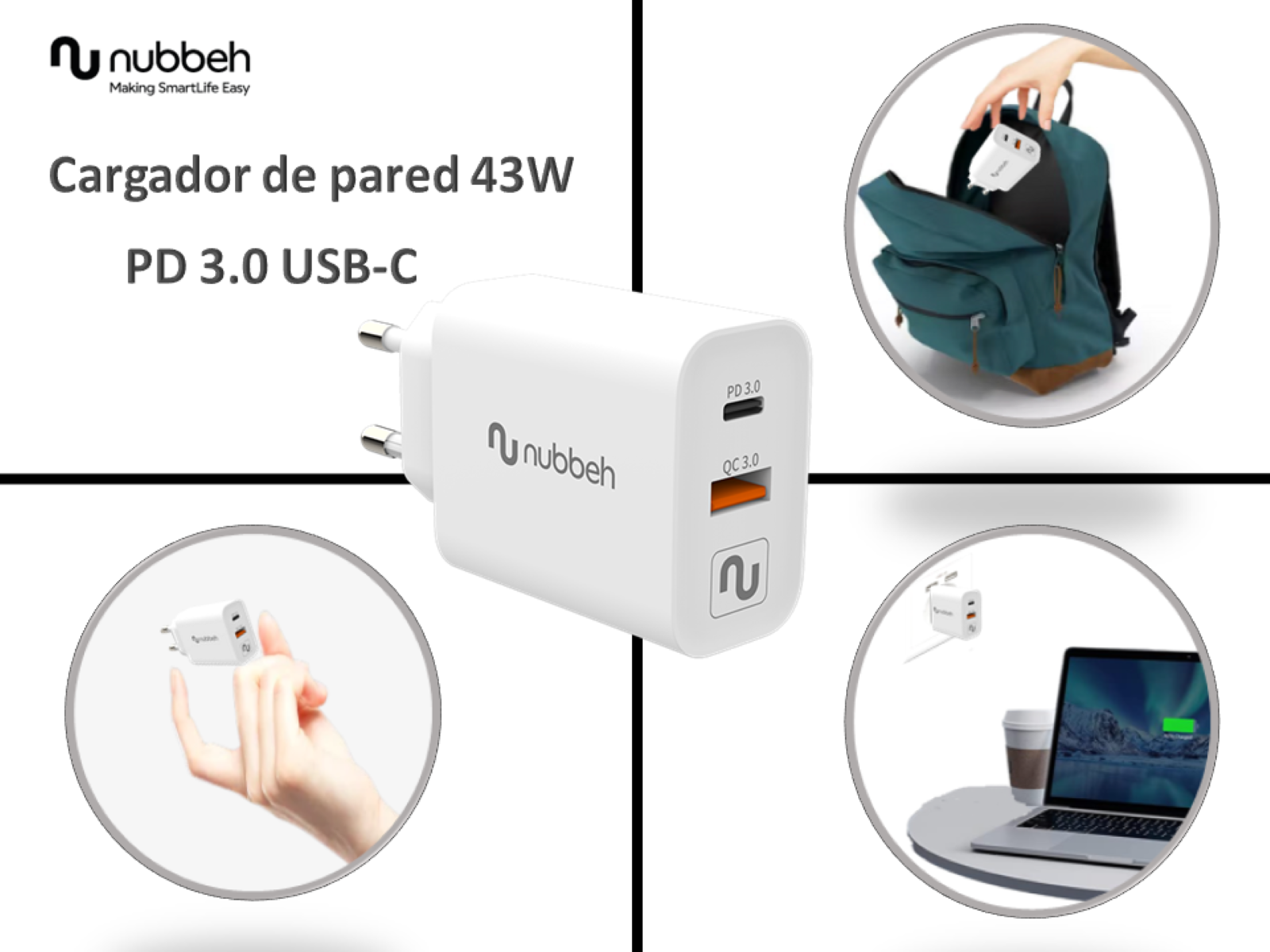 Cargador blanco con texto y puerto de carga. Se muestra en diferentes configuraciones.