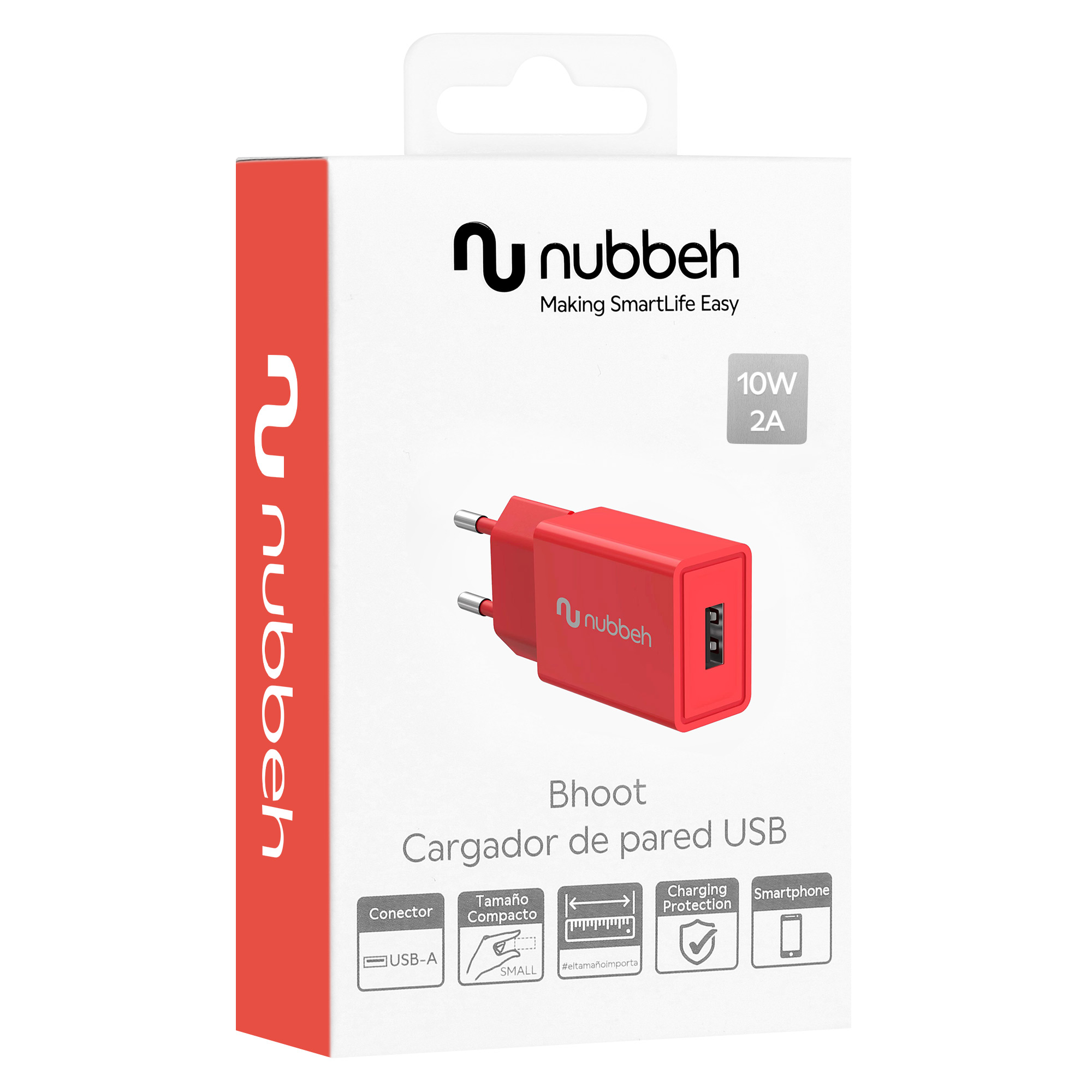 Un cargador de pared USB rojo Nubbeh de 10W 2A en su embalaje.