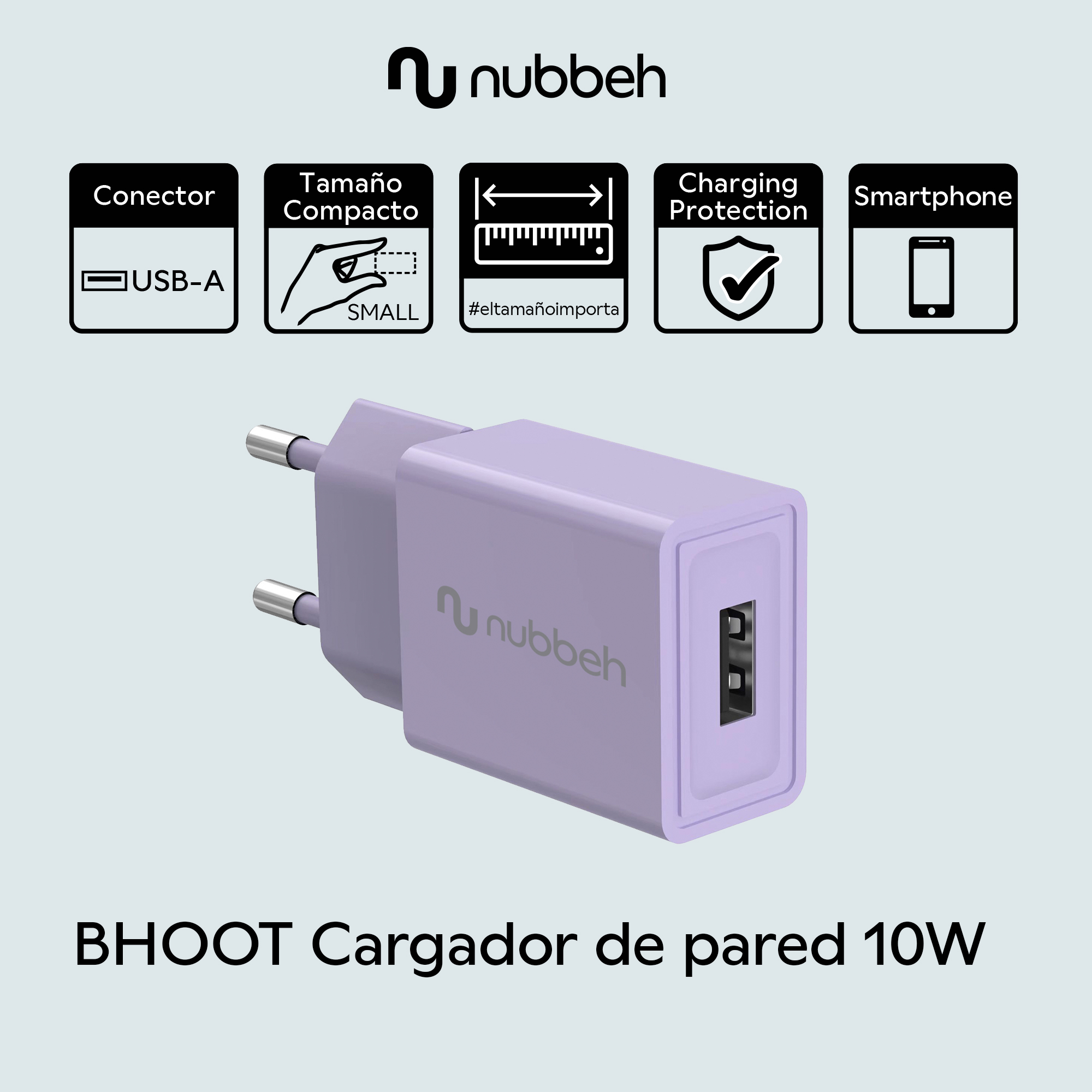 Un adaptador de carga morado con conector USB-A e icono de protección de carga. Fondo blanco.