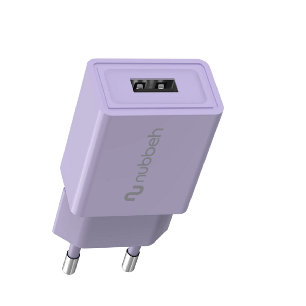 Cargador de teléfono morado con puerto USB. Tiene dos clavijas metálicas para enchufar a una toma de corriente.