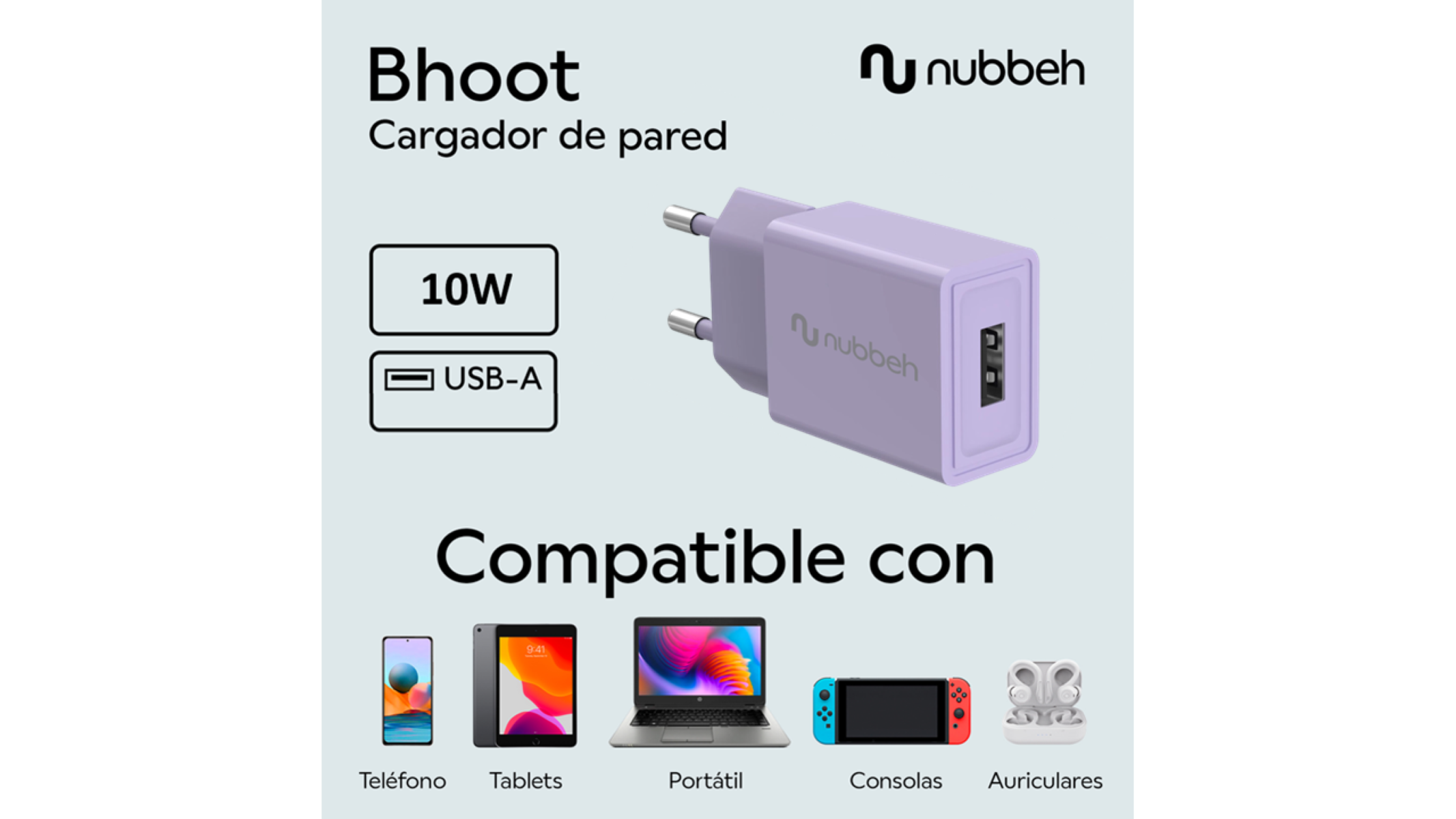 Un cargador de pared morado. Tiene un puerto USB-A y un texto que dice 'Bhoot'. También dice 10W.