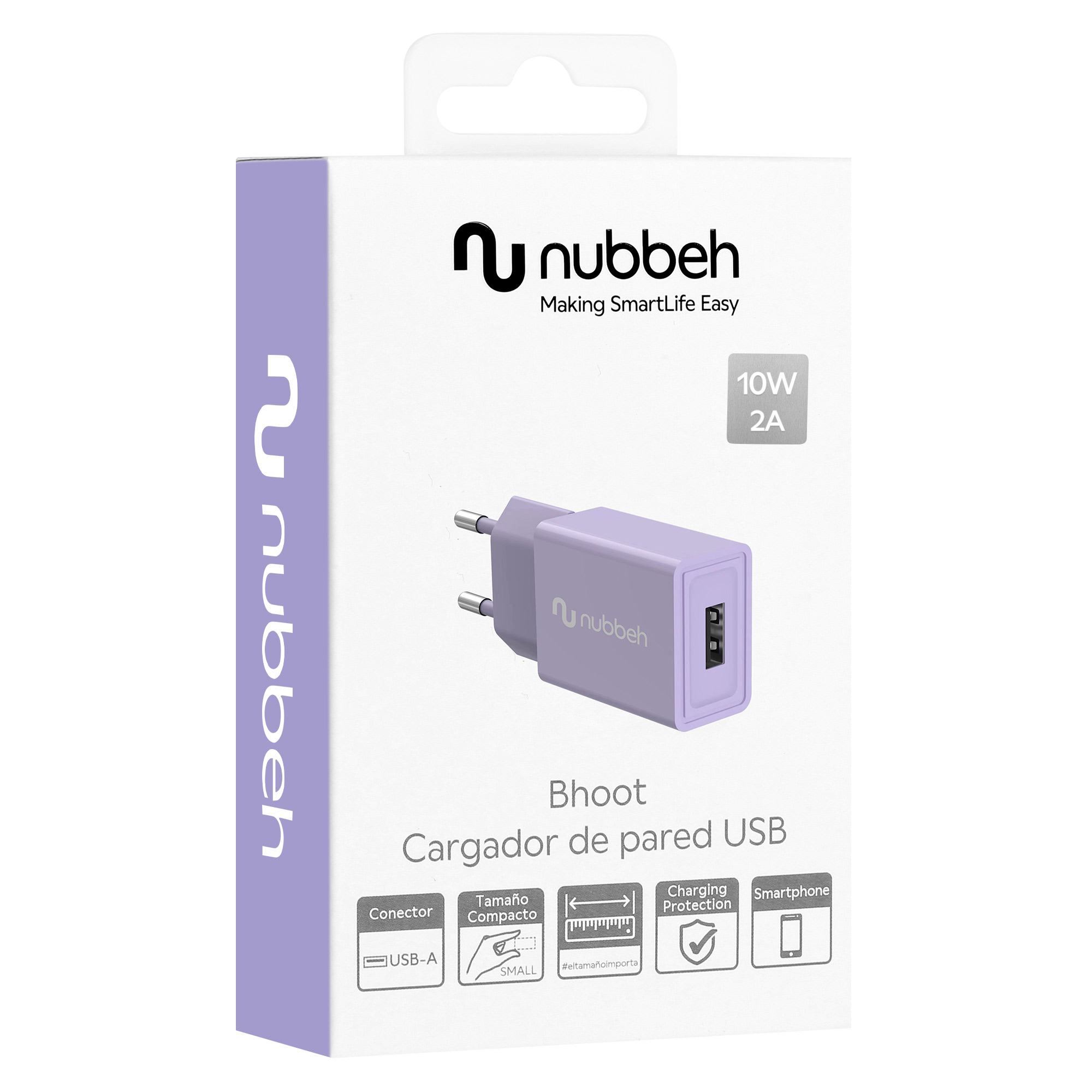 Caja de cargador nubbeh blanca y morada con un cabezal de carga USB y un puerto USB-A.