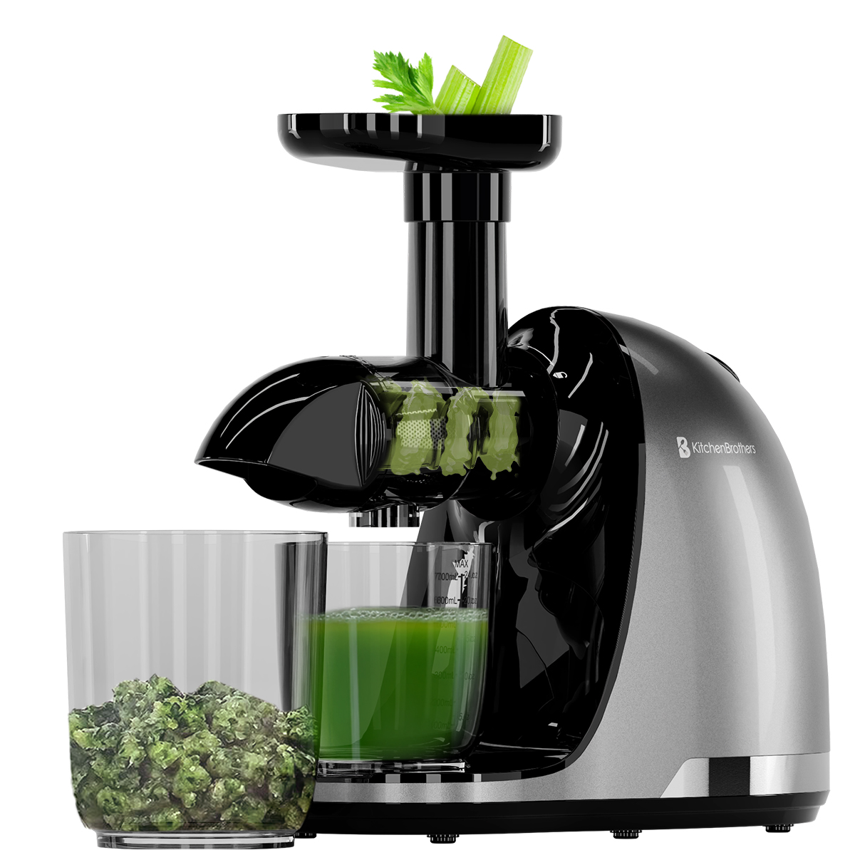 A juicer with a glass of juice and ingredients. Celery is on top.