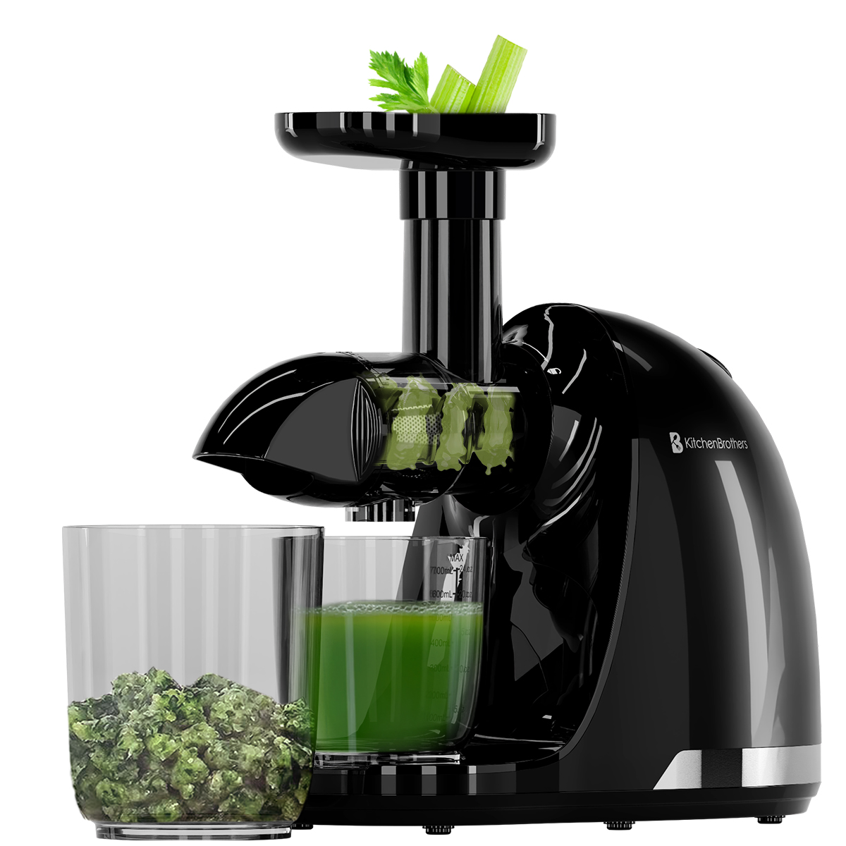 Black juicer with two glasses and celery, showing the juice and pulp.